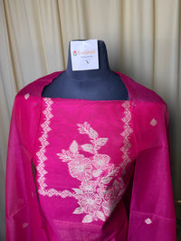 Rani Pink Linen Cotton Suit with Zari Floral Embroidery & Jamdani Woven Dupatta