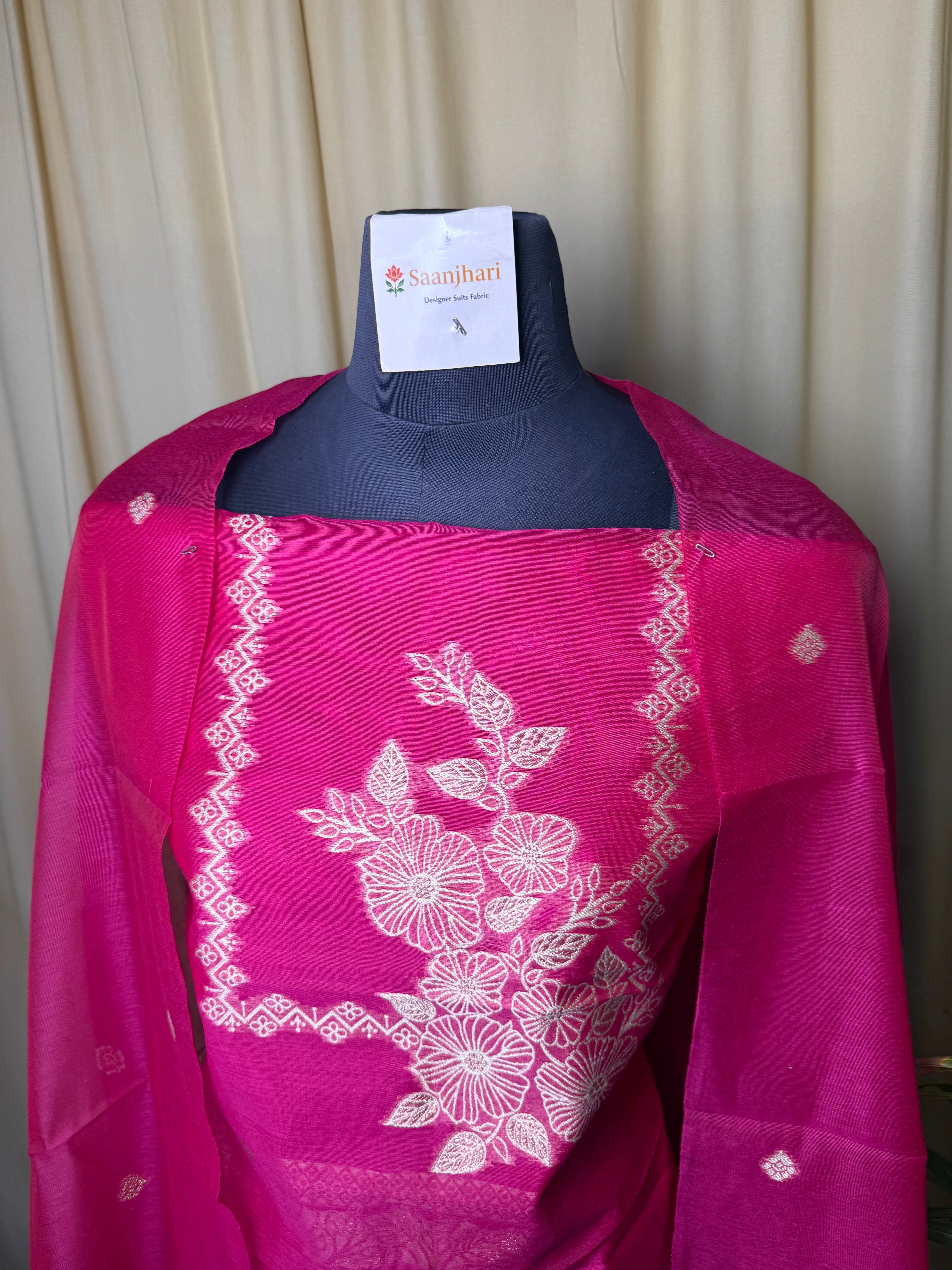 Rani Pink Linen Cotton Suit with Zari Floral Embroidery & Jamdani Woven Dupatta
