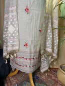 Soft Sage Linen Cotton Unstitched Suit with Floral Thread Work Dupatta