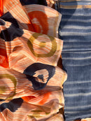 Chanderi Silk Unstitched Suit Set – Blue & Orange 3-Piece Ensemble with Abstract Printed Dupatta