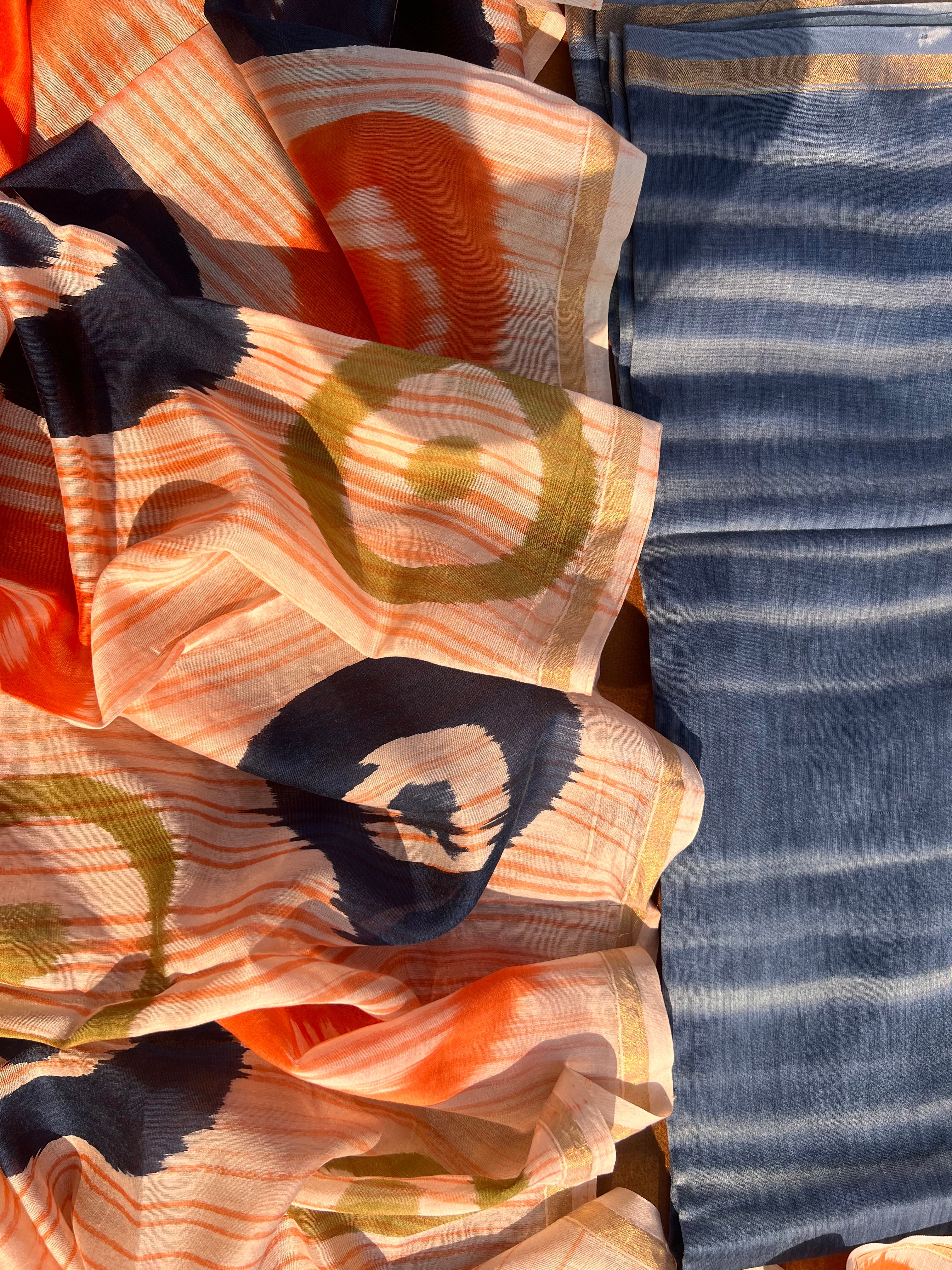 Chanderi Silk Unstitched Suit Set – Blue & Orange 3-Piece Ensemble with Abstract Printed Dupatta