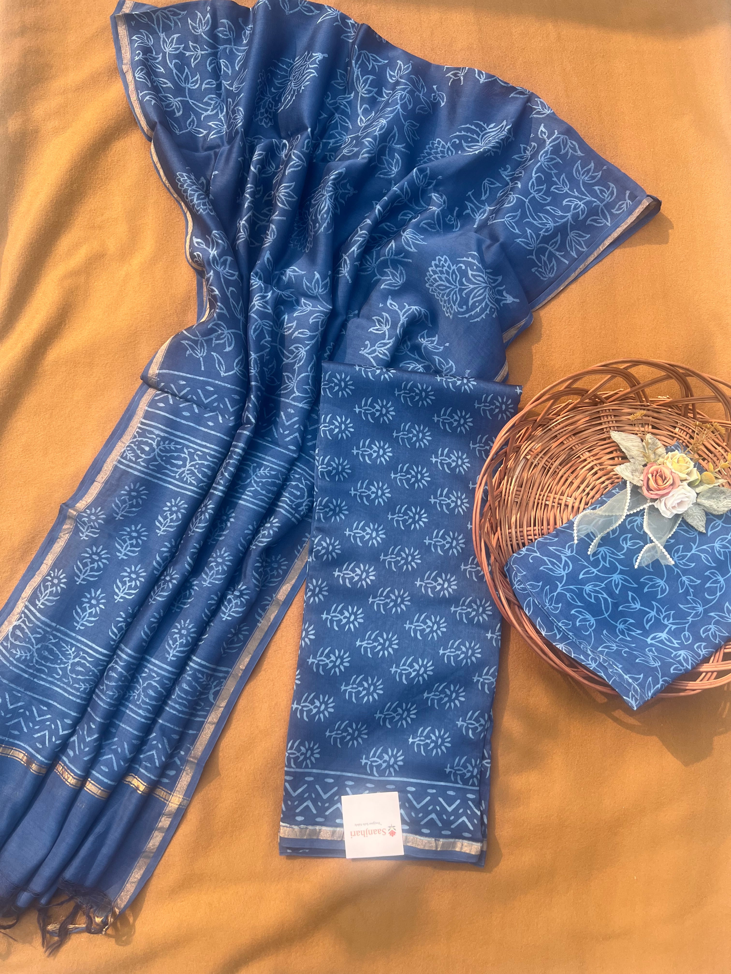 Handprinted Chanderi Silk Dress Material Set – Kurta, Bottom & Dupatta in Indigo Blue