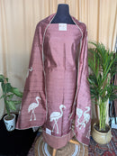 Rust Raw Silk Suit with Hand Appliqué Bird Work and Matching Dupatta