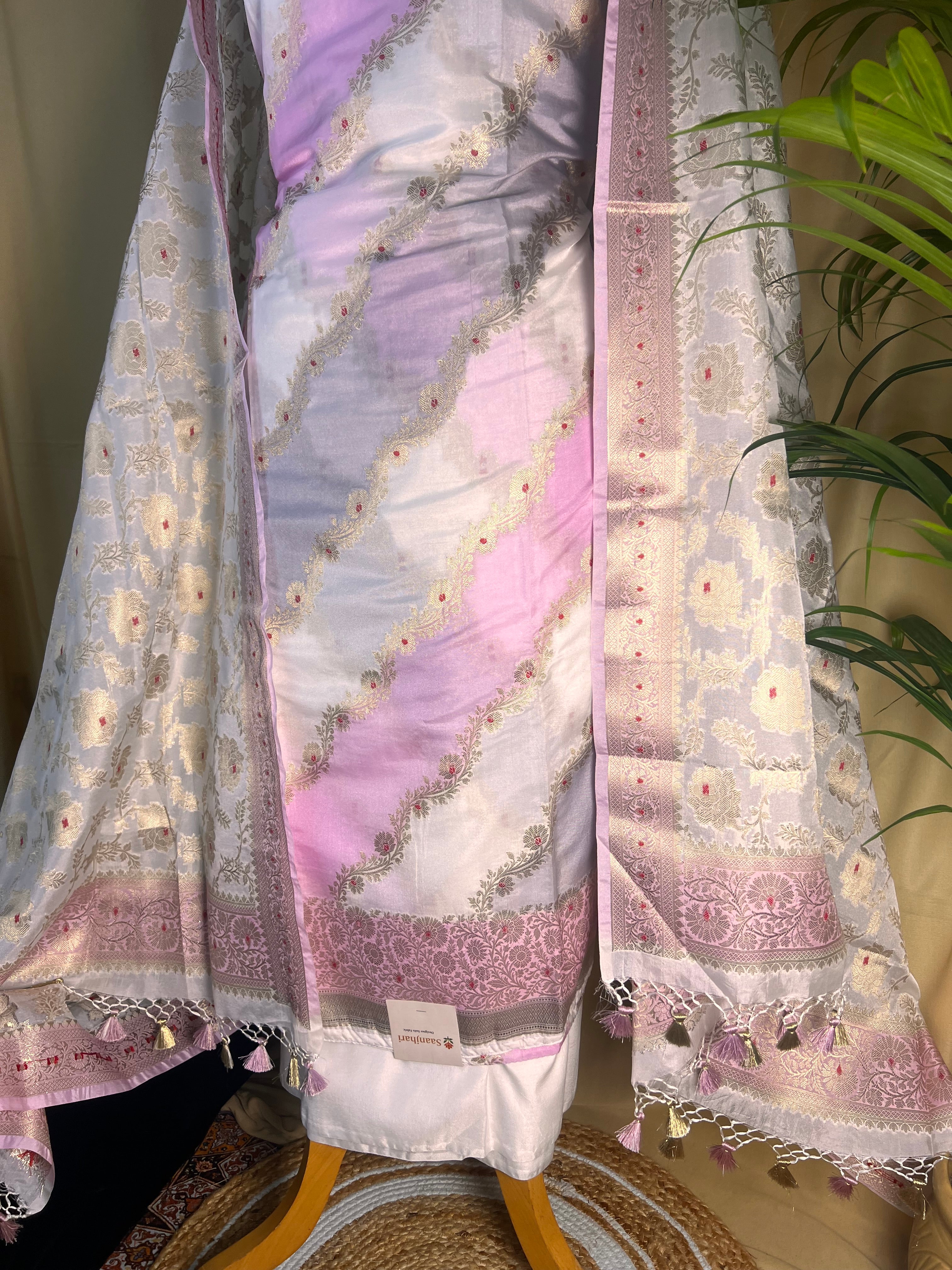 Soft Blush Banarasi Silk Suit with Delicate Zari Flower Weave and Designer Dupatta