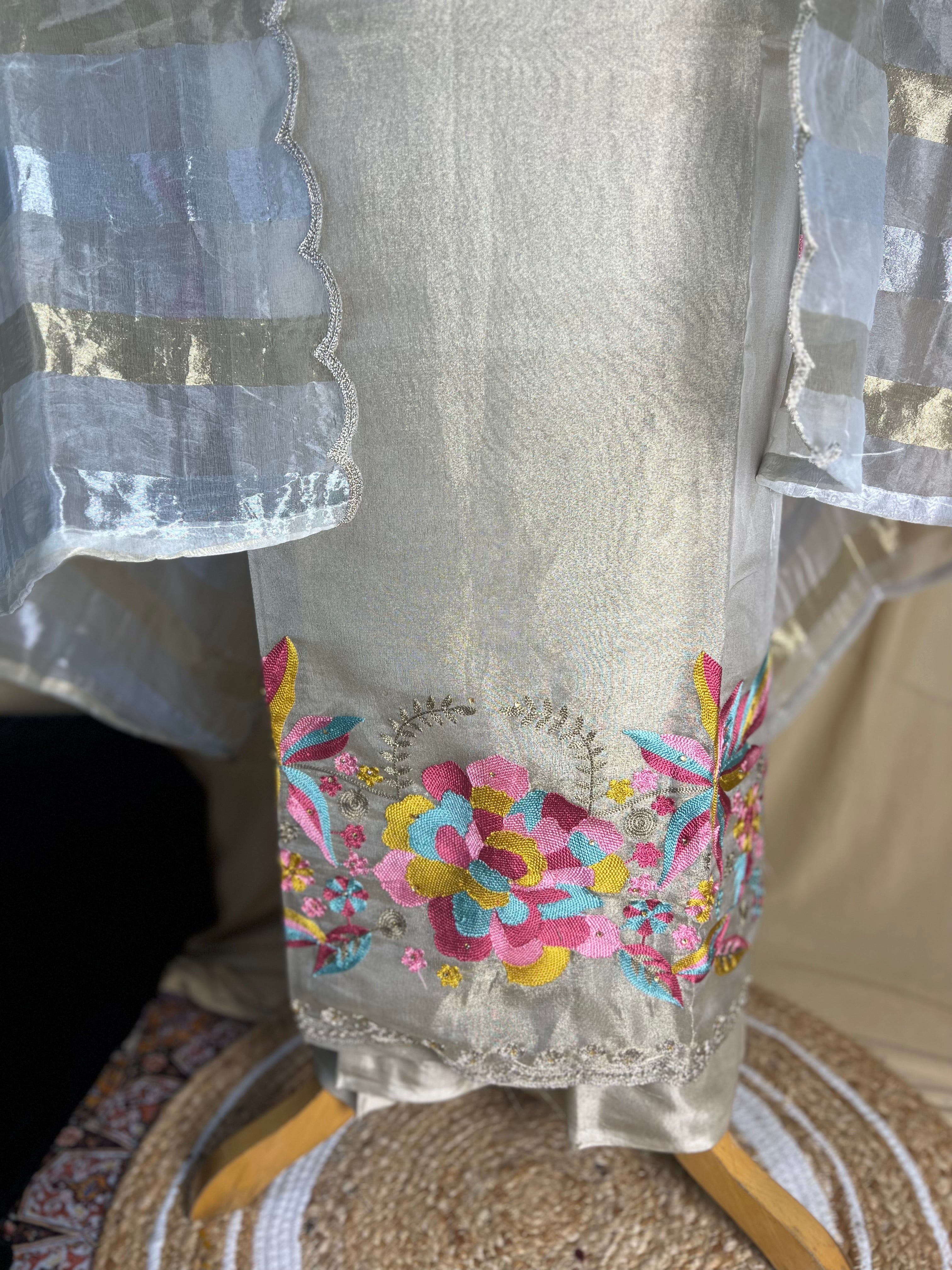 Golden Tissue Organza Zari Embroidered Suit with Floral Work