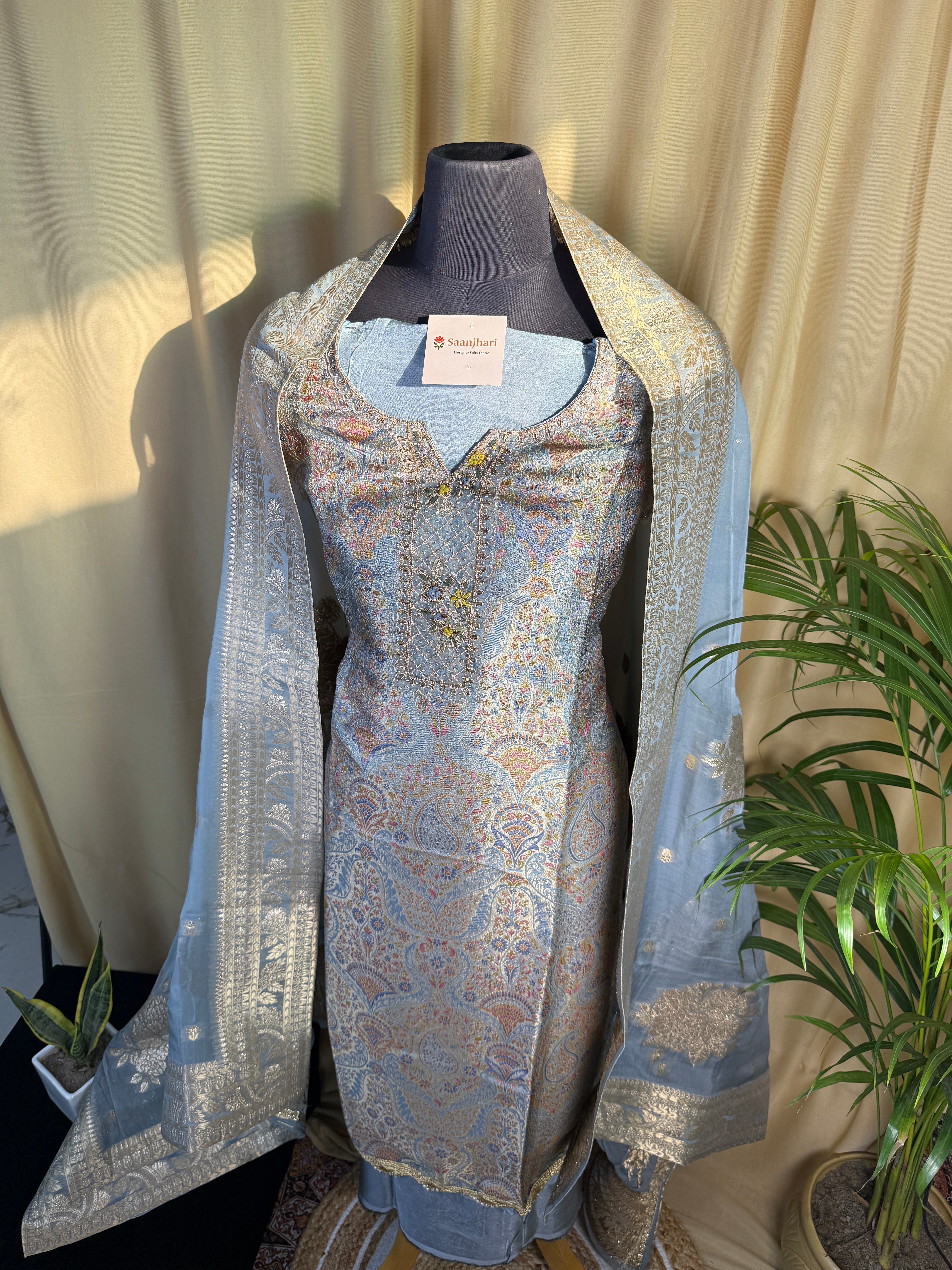 Light Blue Banarasi Silk Suit with Soft Organza Dupatta for Festive Wear