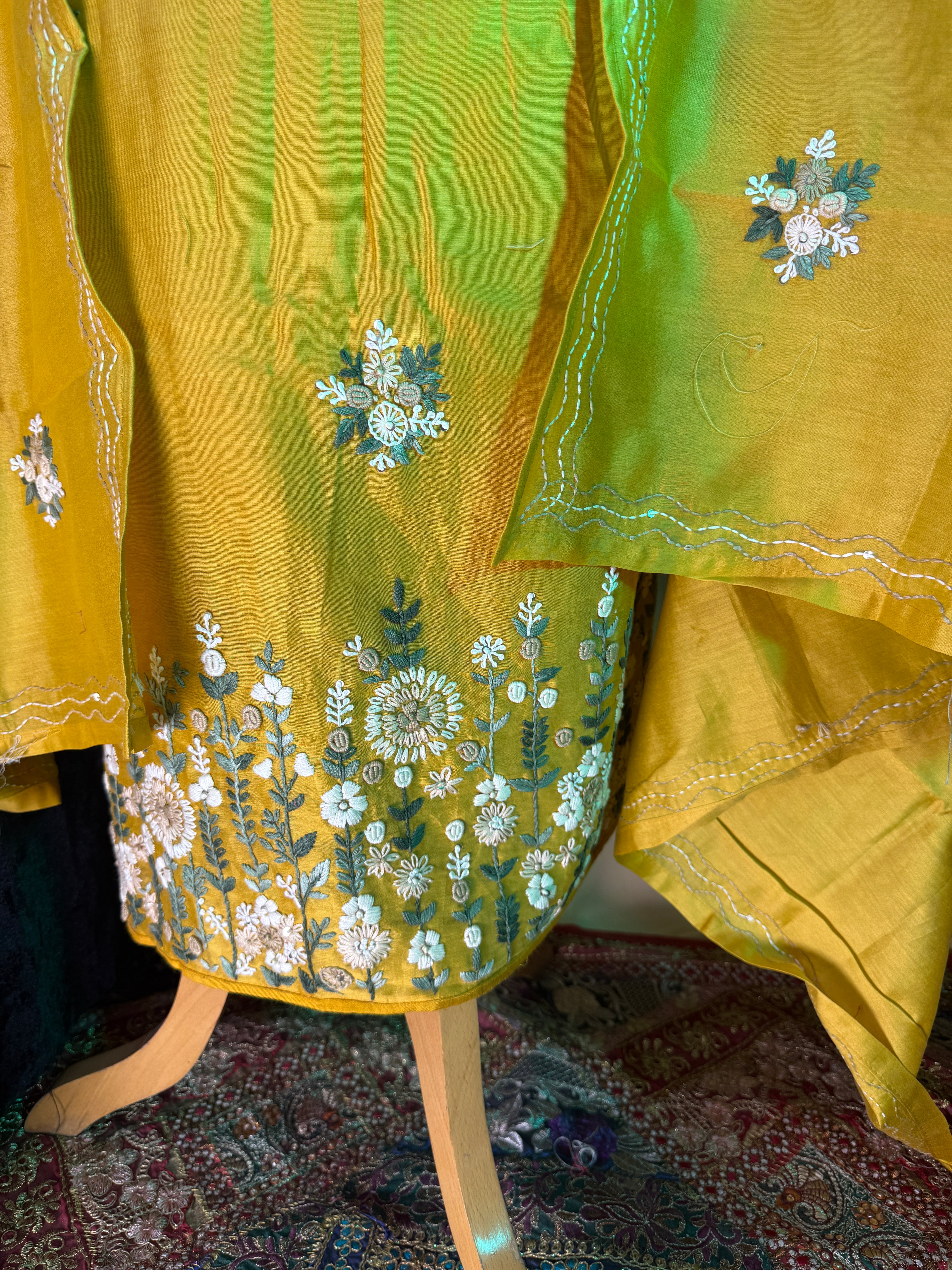 Mul Chanderi Sunshine Yellow Unstitched Suit with Floral Thread Work – Elegant Ethnic Set