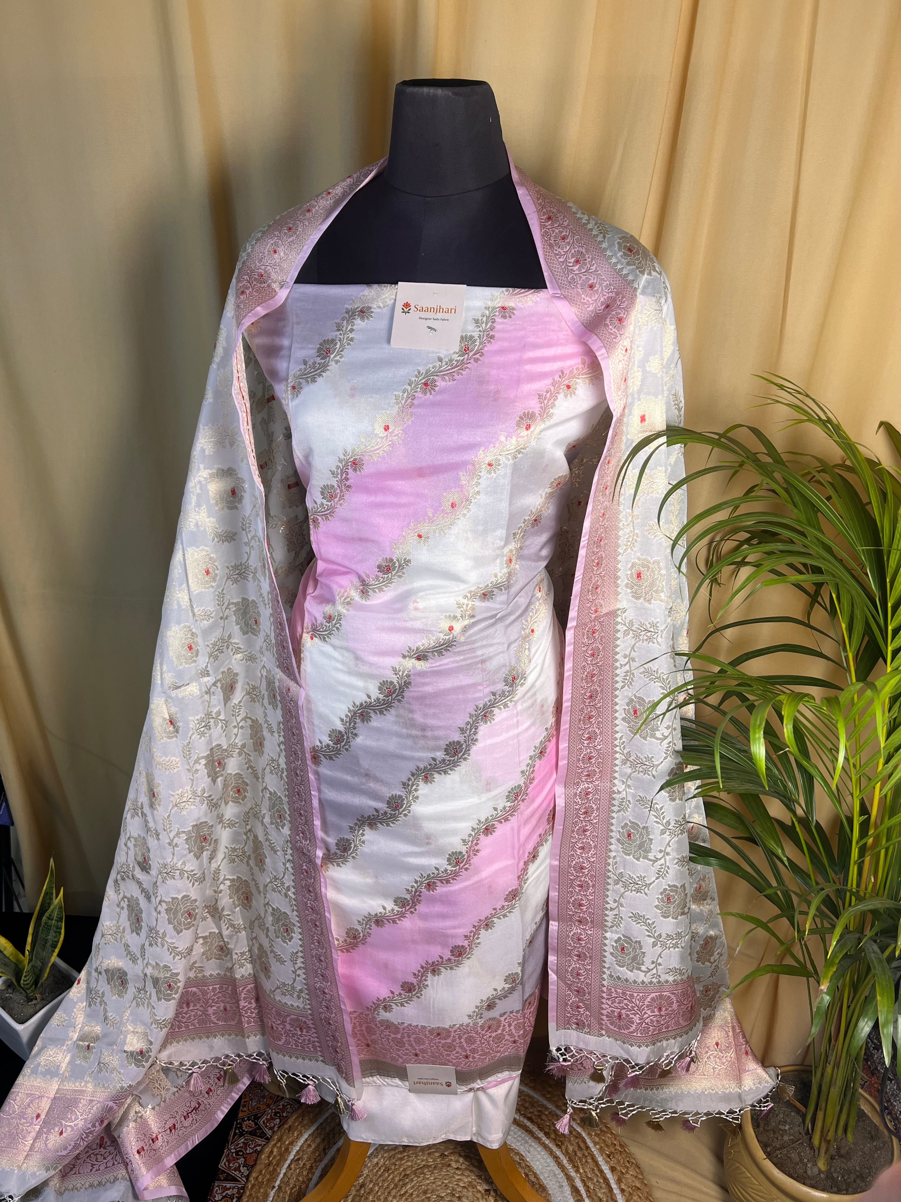 Soft Blush Banarasi Silk Suit with Delicate Zari Flower Weave and Designer Dupatta