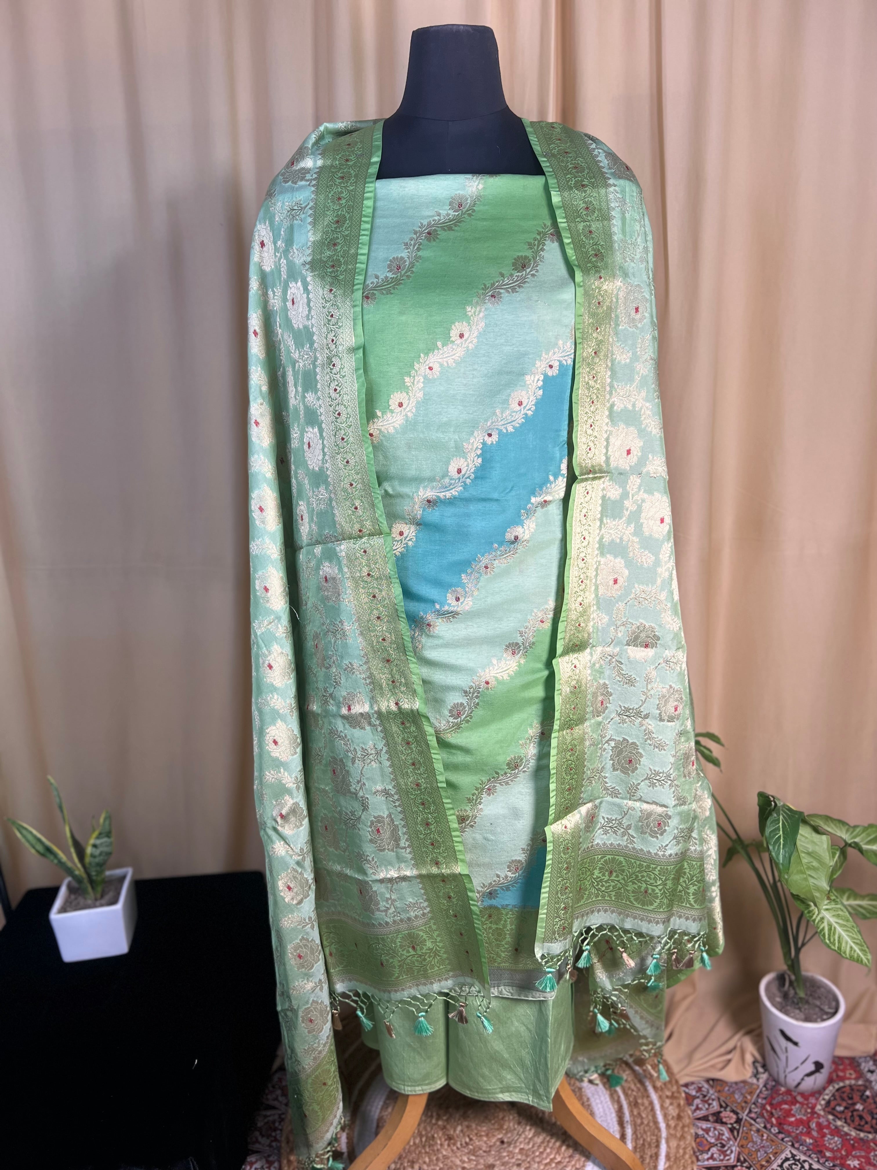 Fresh Green Banarasi Silk Suit With Fine Zari Woven Dupatta