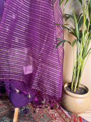 Purple Banarasi Silk Unstitched Suit with Zari Work & Organza Dupatta