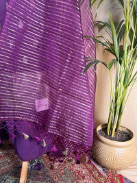 Purple Banarasi Silk Unstitched Suit with Zari Work & Organza Dupatta
