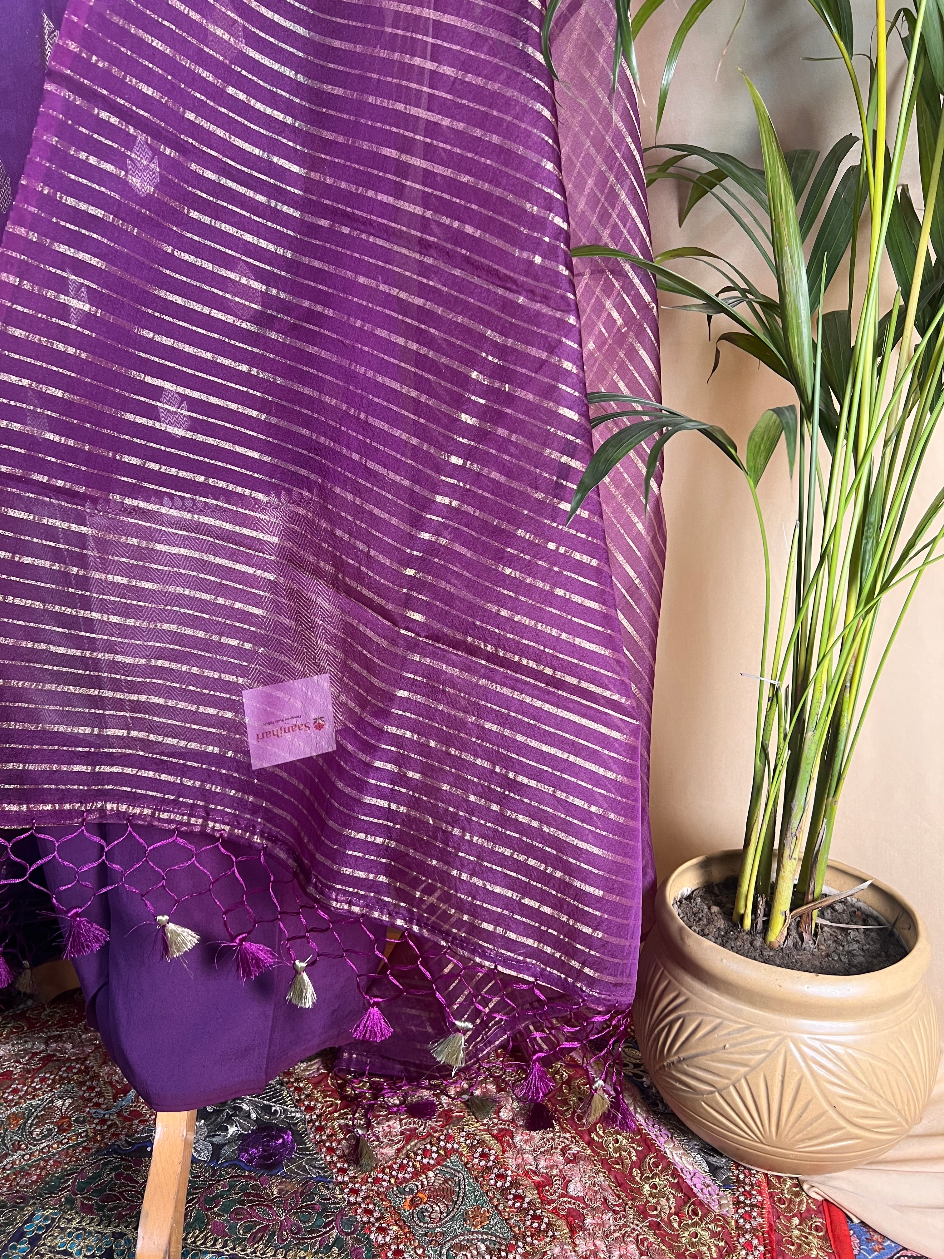 Purple Banarasi Silk Unstitched Suit with Zari Work & Organza Dupatta