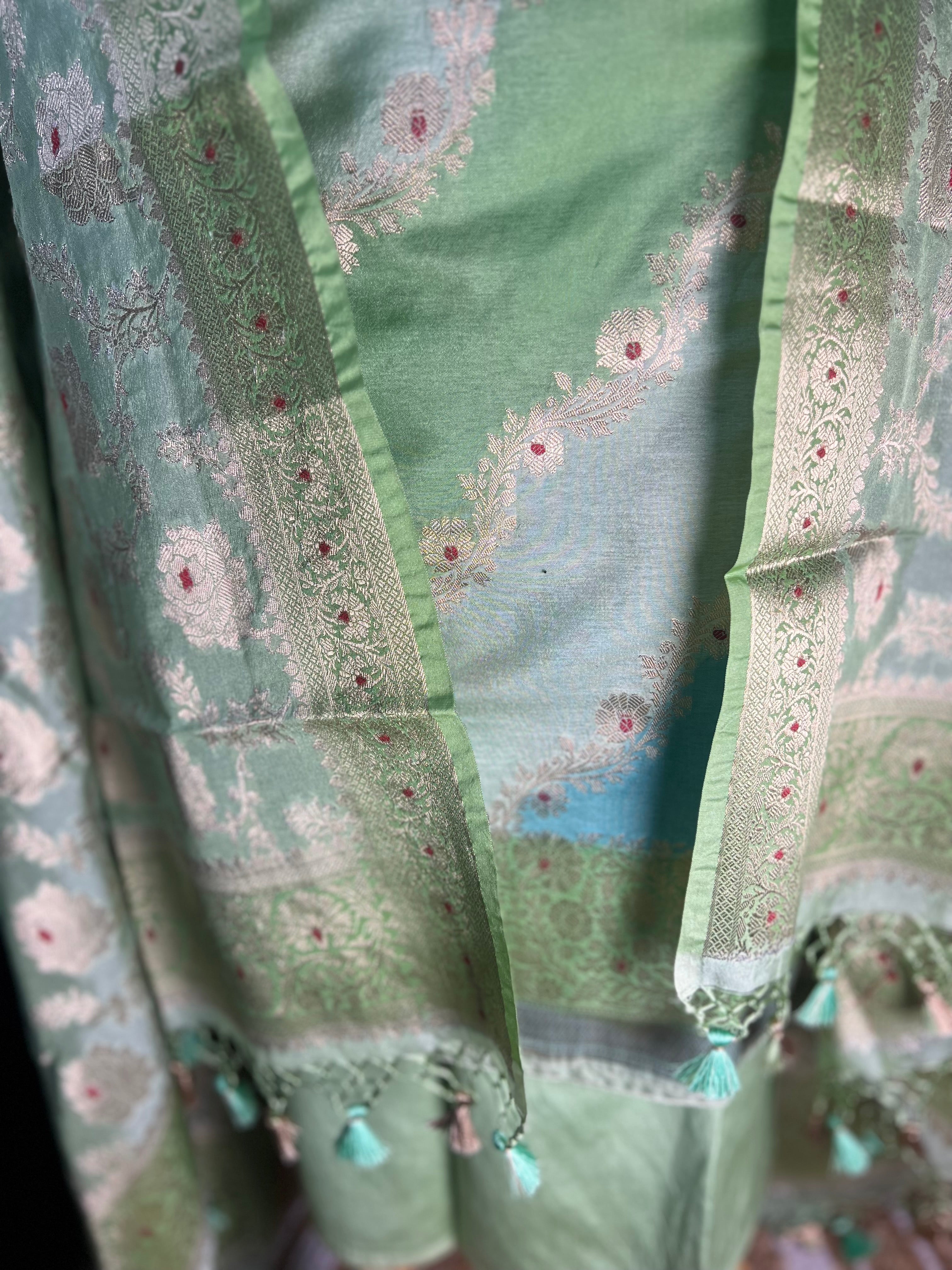 Fresh Green Banarasi Silk Suit With Fine Zari Woven Dupatta