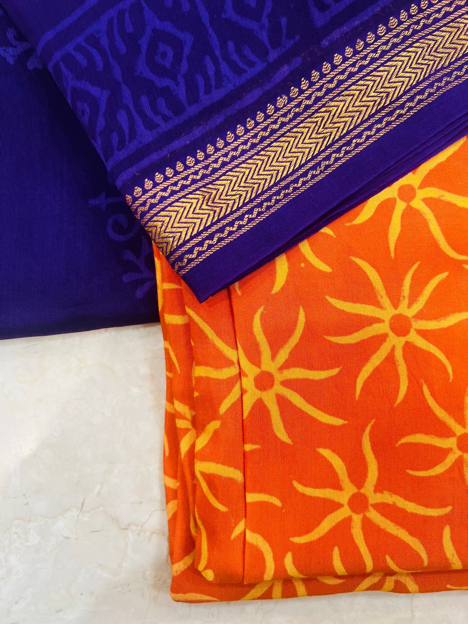 Royal Blue Maheshwari Silk Dupatta with Orange Handblock Print Suit Material