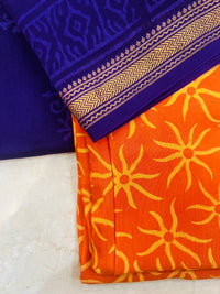 Royal Blue Maheshwari Silk Dupatta with Orange Handblock Print Suit Material