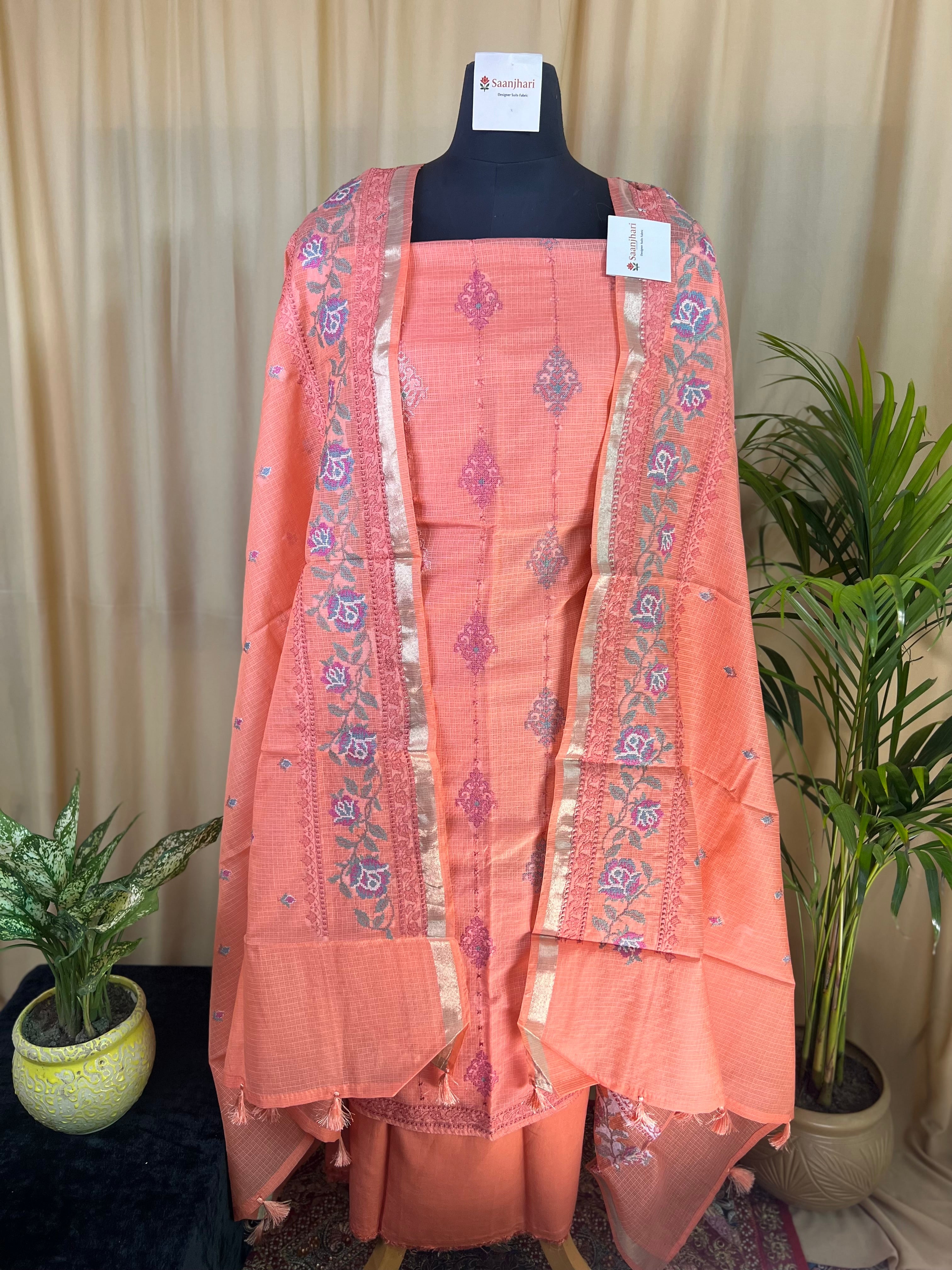 Peach Kota Banarasi Silk Suit with Self Kota Dupatta & Thread Details