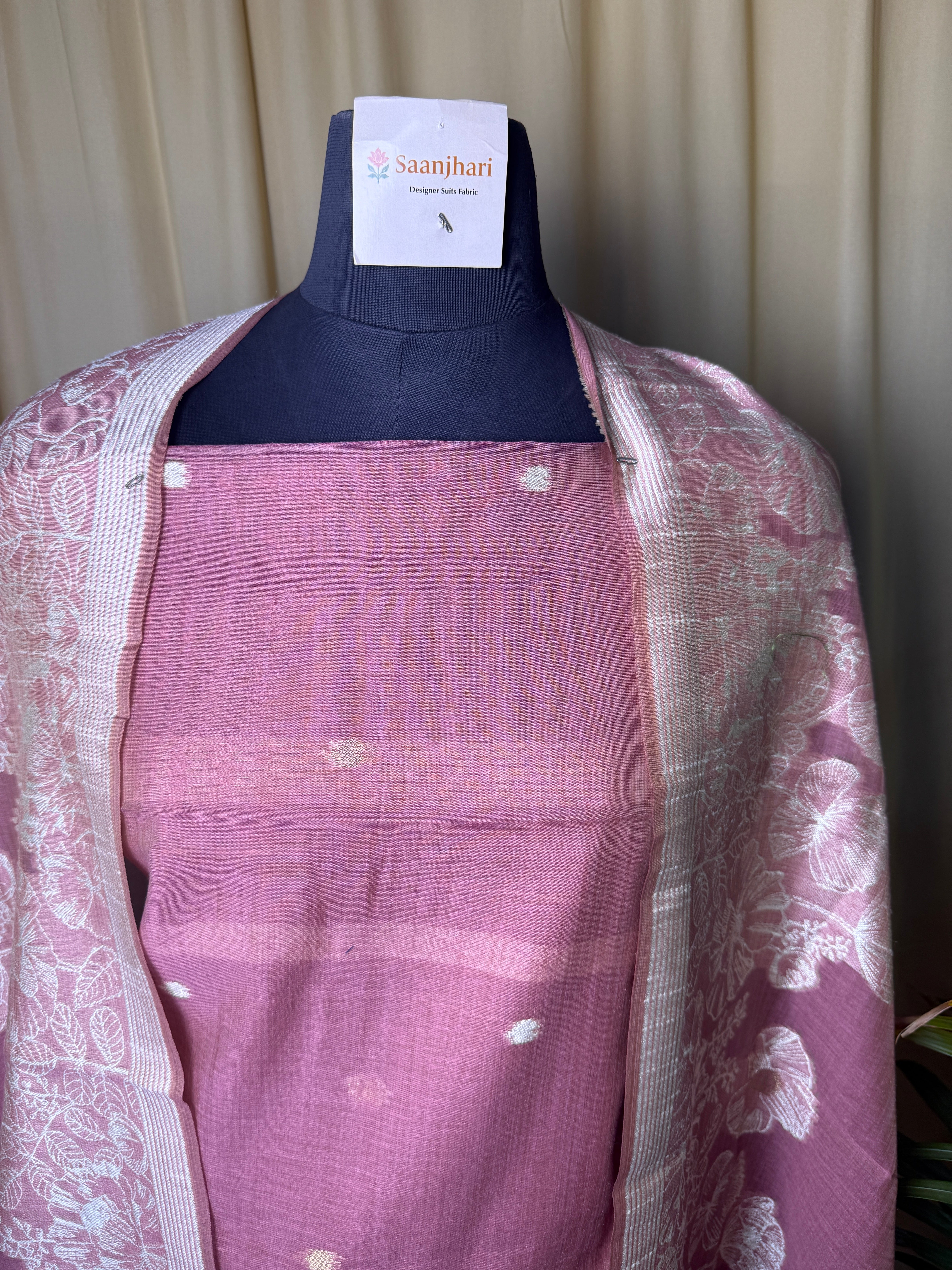 Dusty Rose Linen Cotton Suit with Floral Woven Dupatta – Light & Elegant Choice