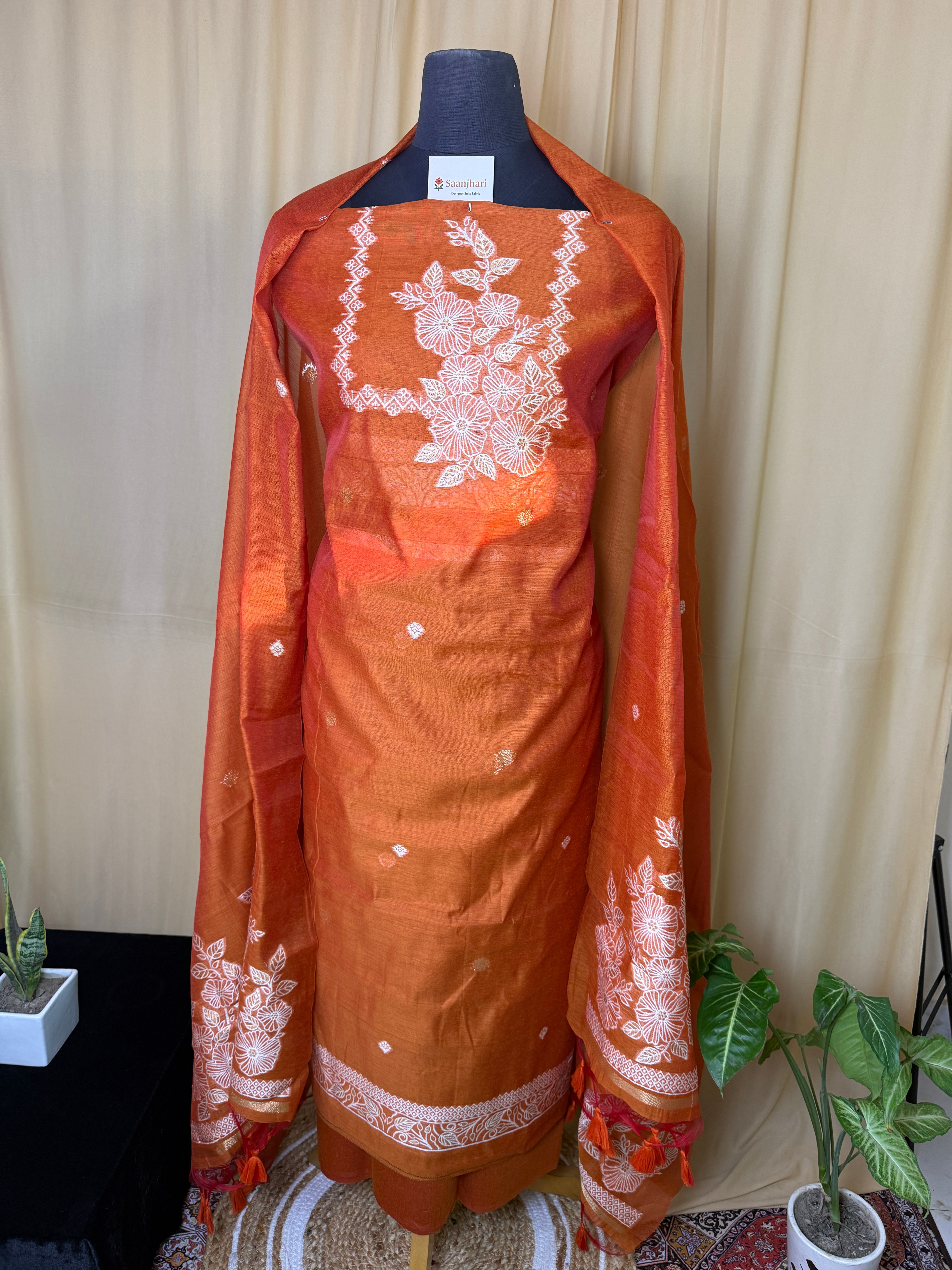 Orange Linen Cotton Suit with Zari Embroidery & Matching Dupatta