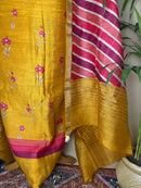 Mustard Tussar Silk Suit with Floral Print & Striped Dupatta