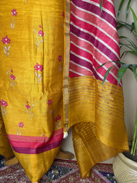 Mustard Tussar Silk Suit with Floral Print & Striped Dupatta