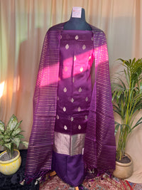 Purple Banarasi Silk Unstitched Suit with Zari Work & Organza Dupatta