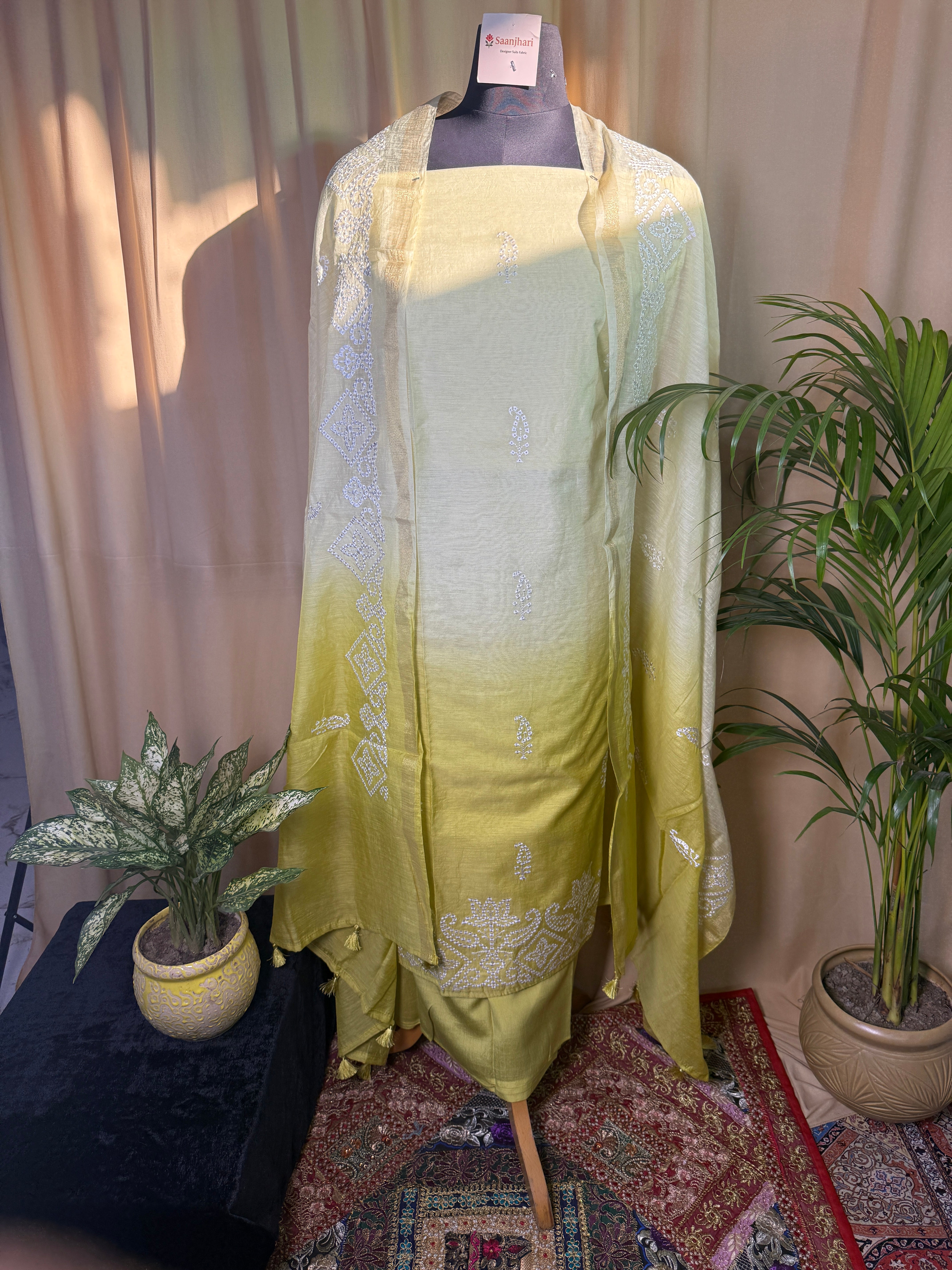 Yellow Linen Cotton Suit with Soft Thread Work