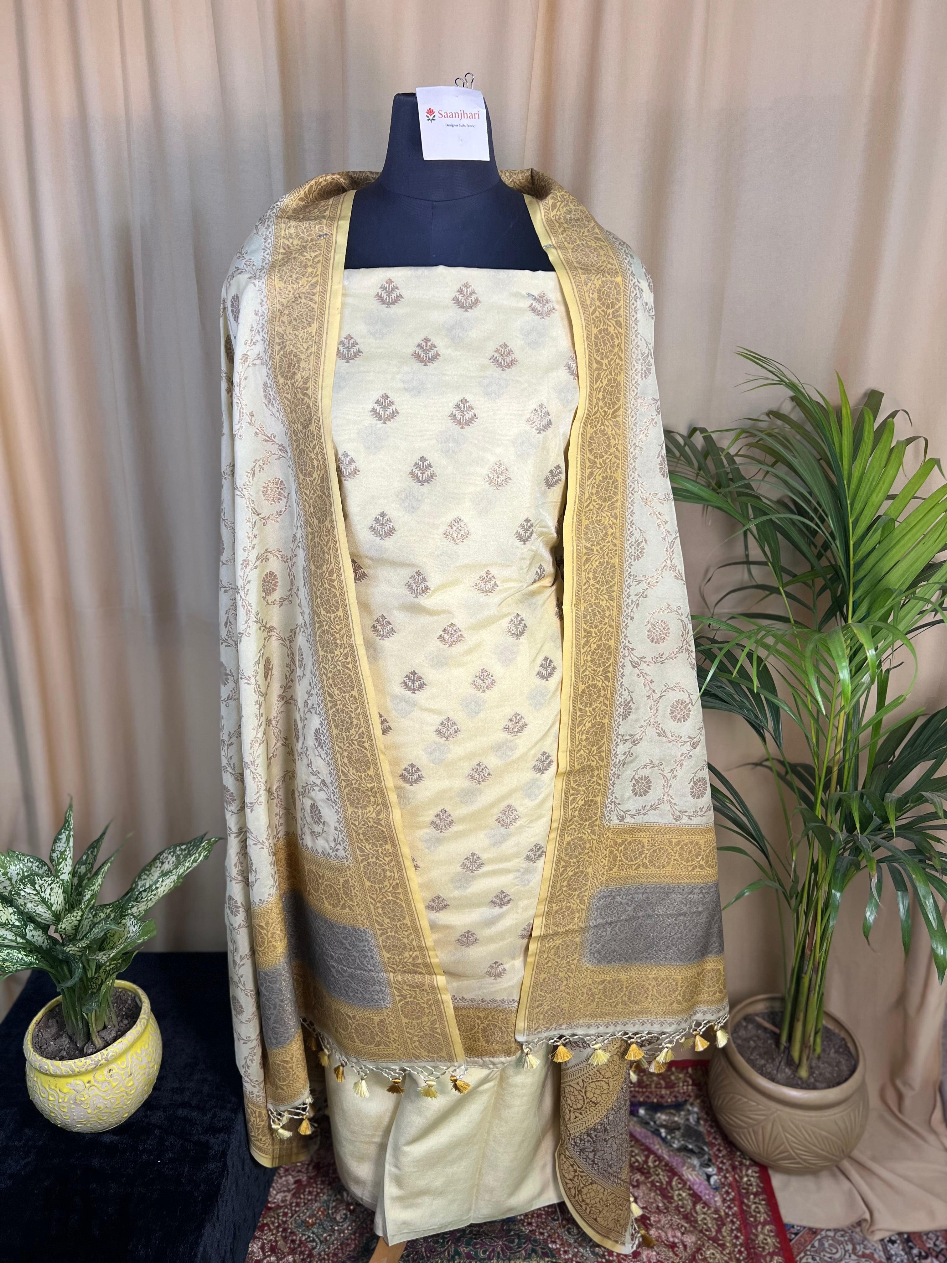Yellow Banarasi Silk Unstitched Suit with Zari Motif Dupatta
