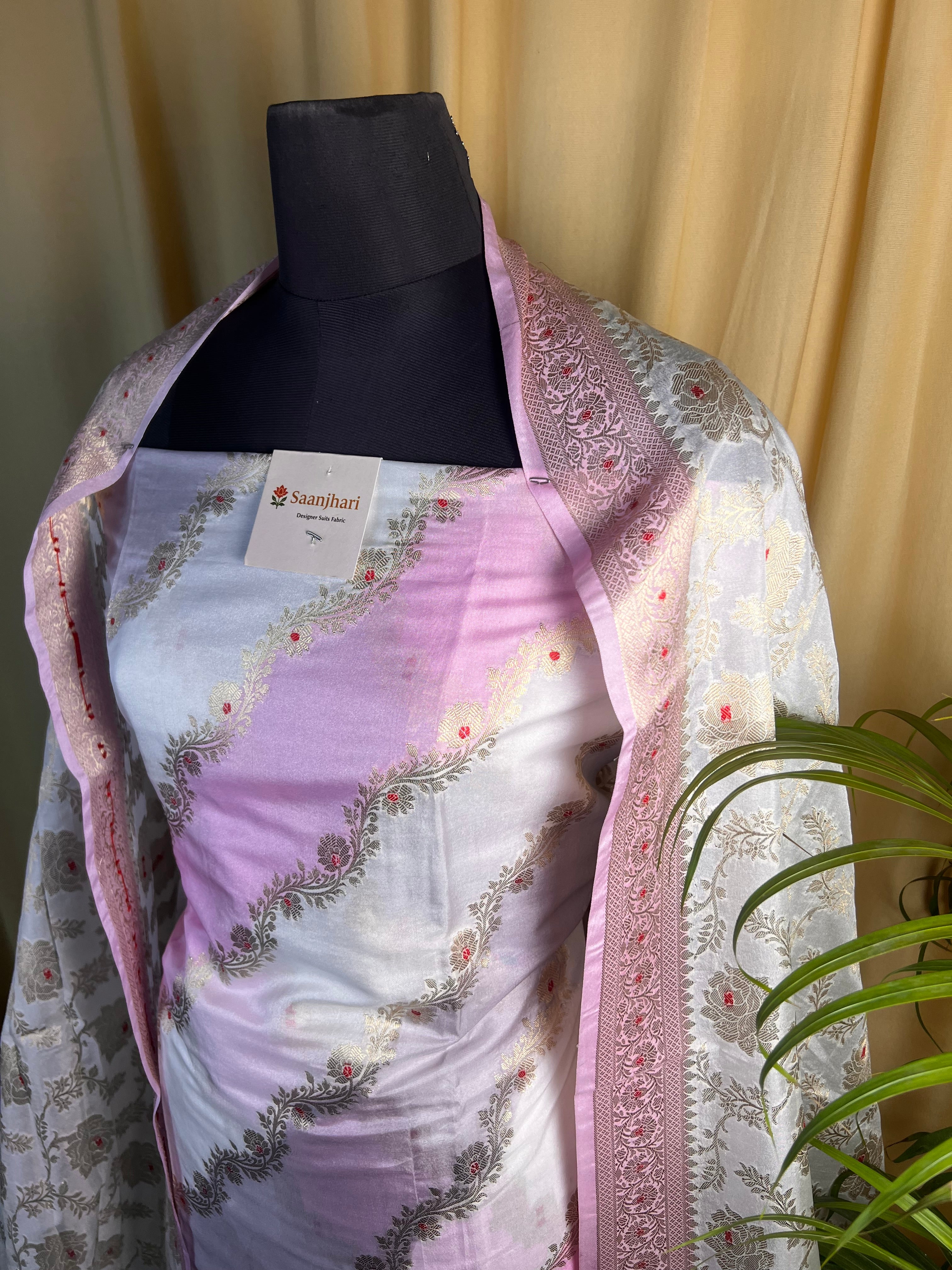 Soft Blush Banarasi Silk Suit with Delicate Zari Flower Weave and Designer Dupatta