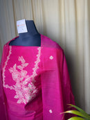 Rani Pink Linen Cotton Suit with Zari Floral Embroidery & Jamdani Woven Dupatta