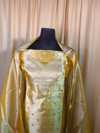 Golden Tissue Organza Suit Set with Zari Work & Matching Dupatta