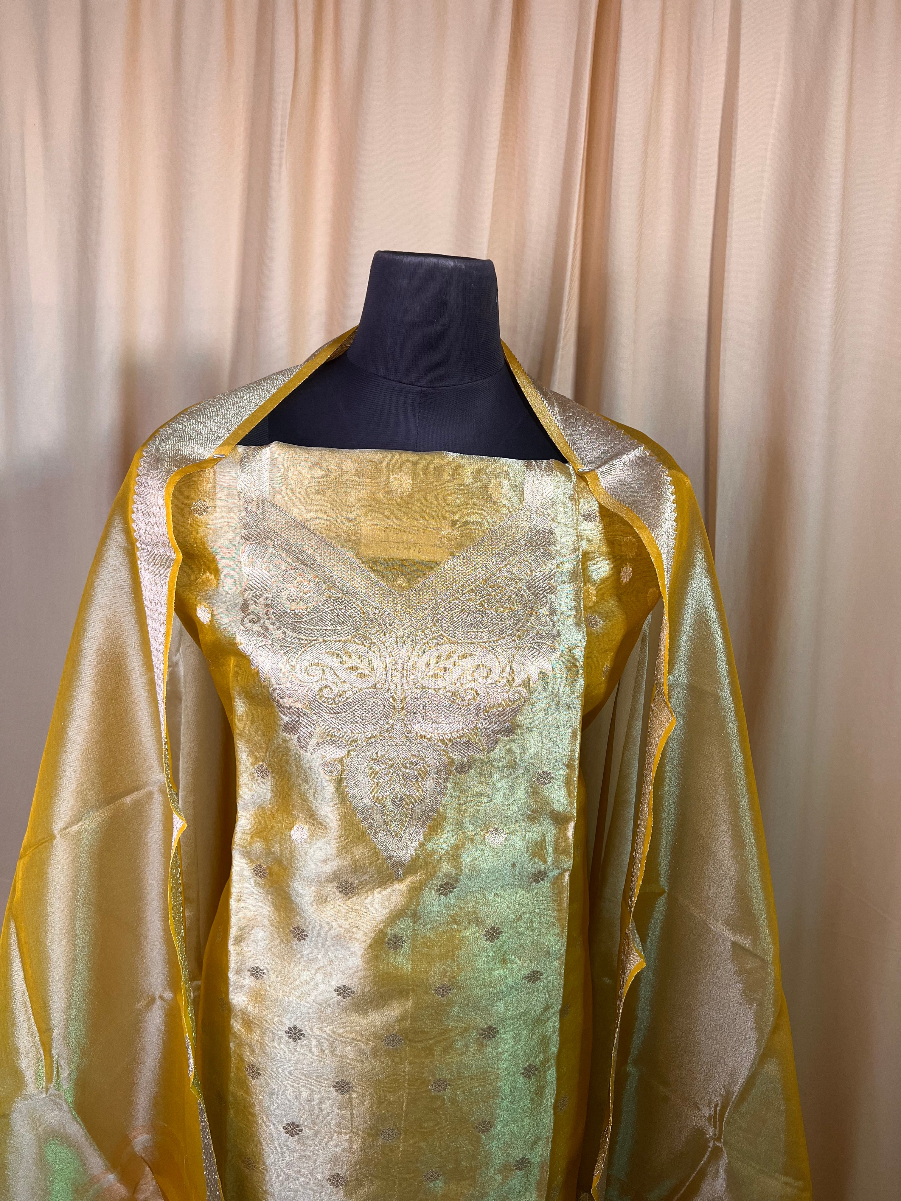 Golden Tissue Organza Suit Set with Zari Work & Matching Dupatta