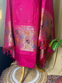 Pink Linen Cotton Ethnic Suit Material with Designer Border Dupatta