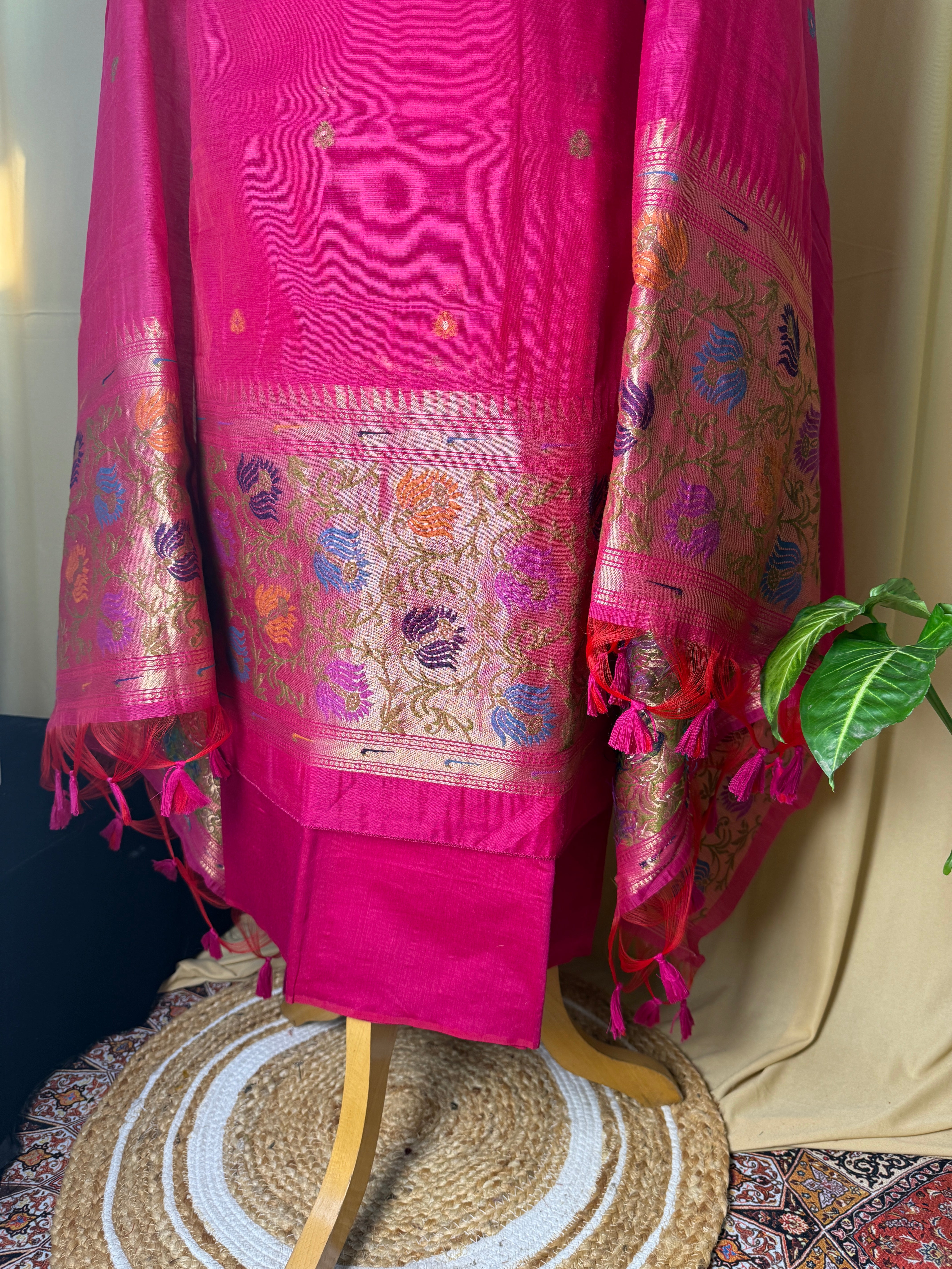 Pink Linen Cotton Ethnic Suit Material with Designer Border Dupatta