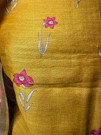 Mustard Tussar Silk Suit with Floral Print & Striped Dupatta