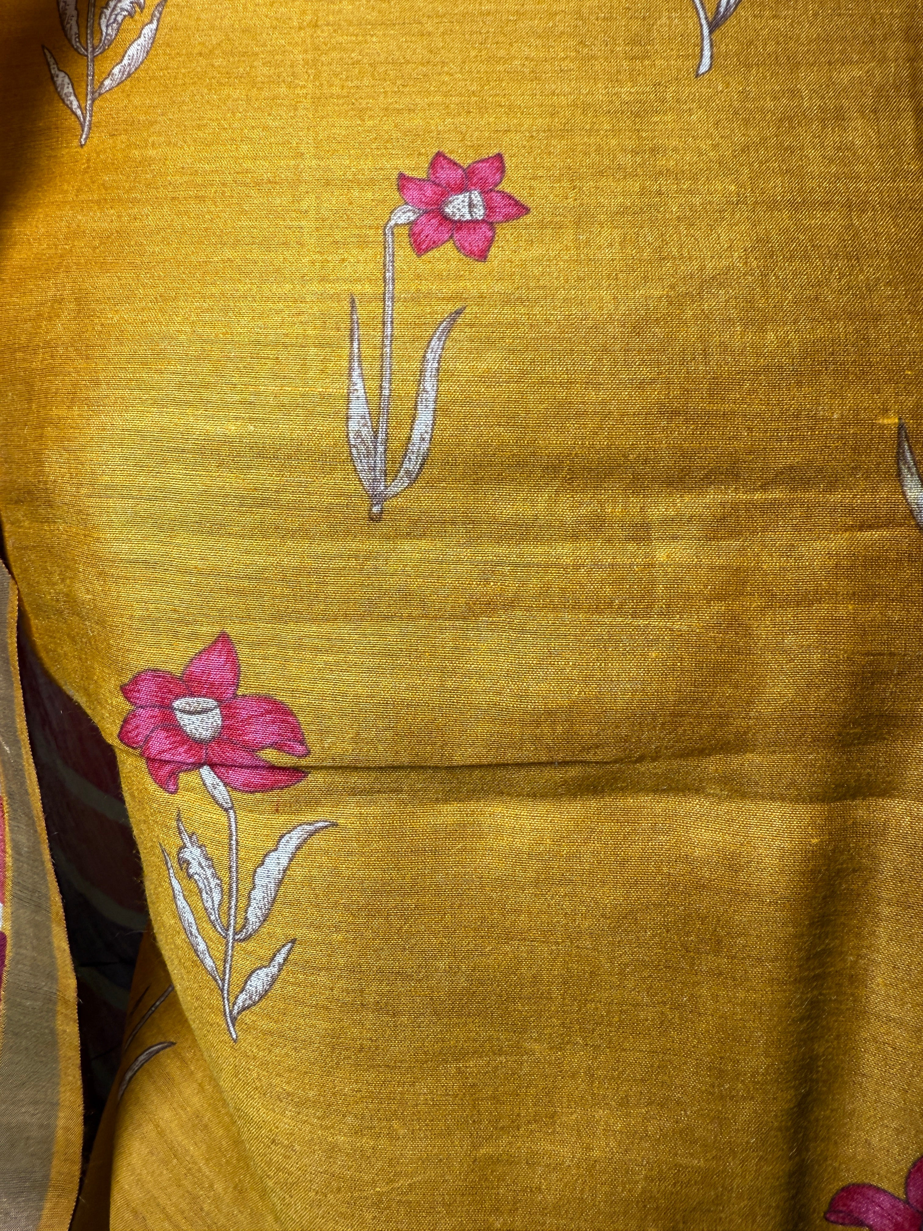 Mustard Tussar Silk Suit with Floral Print & Striped Dupatta