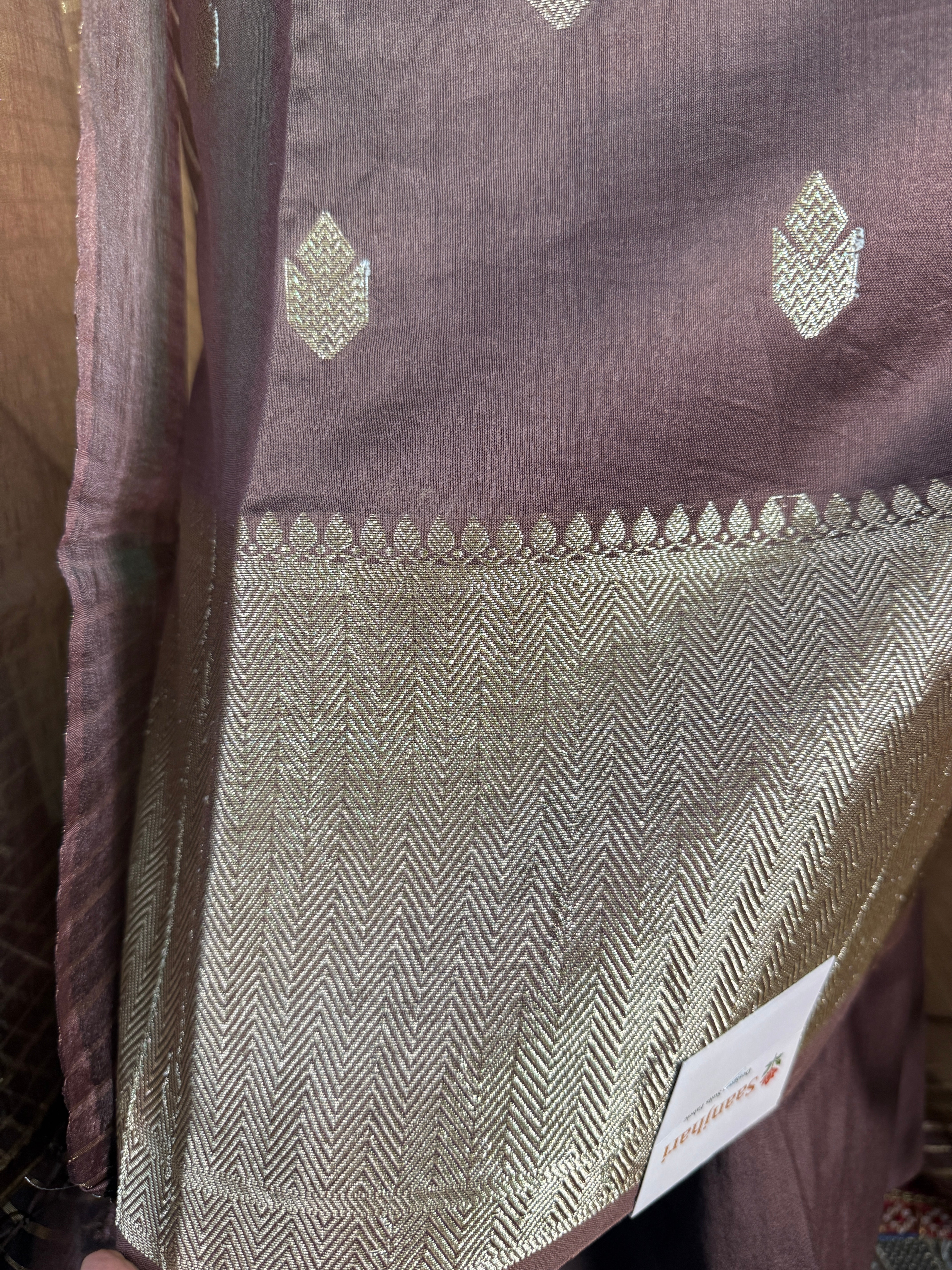 Elegant Brown Banarasi Silk Unstitched Suit with Soft Organza Dupatta