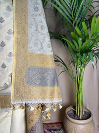 Yellow Banarasi Silk Unstitched Suit with Zari Motif Dupatta