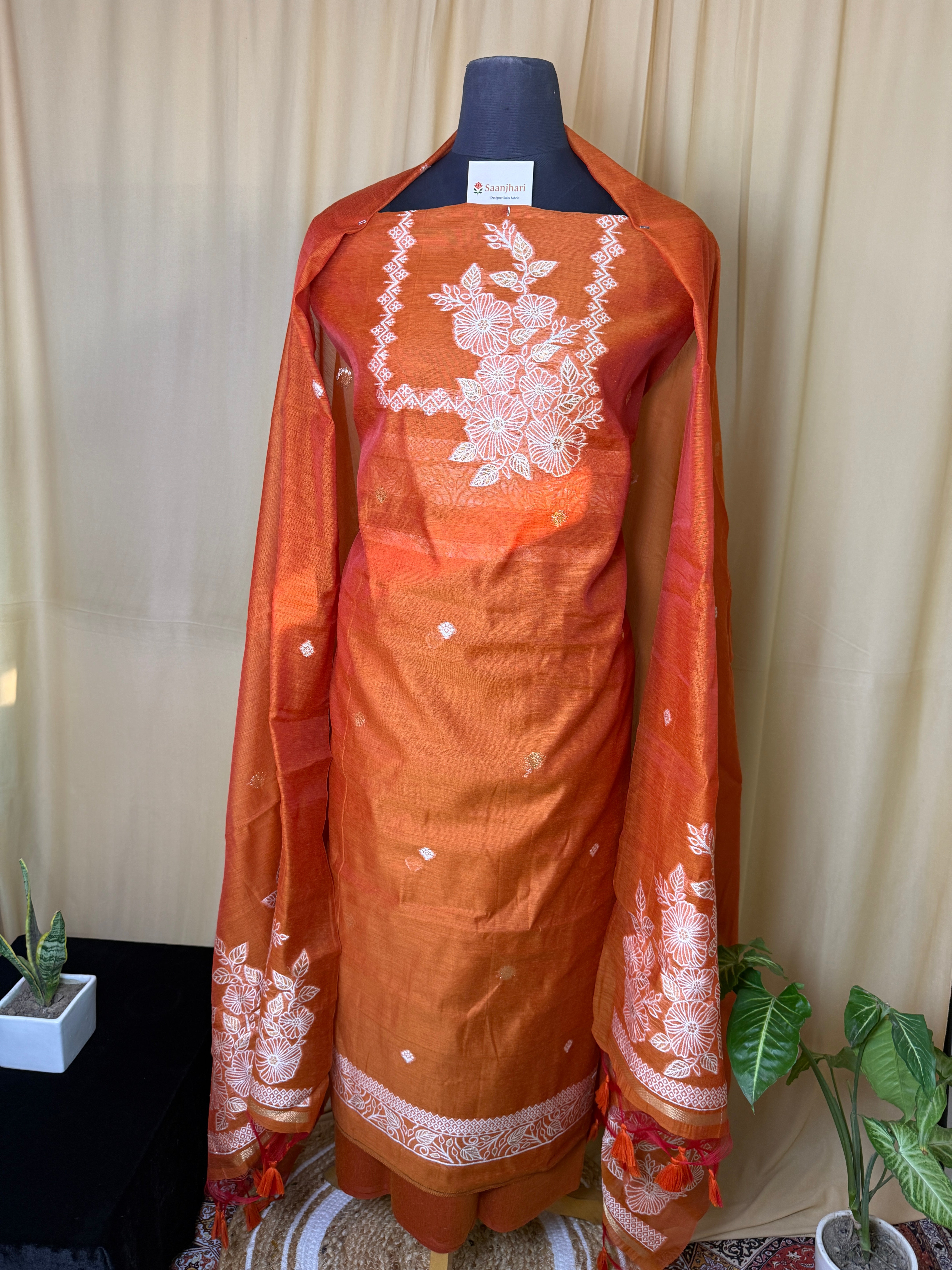 Orange Linen Cotton Suit with Zari Embroidery & Matching Dupatta