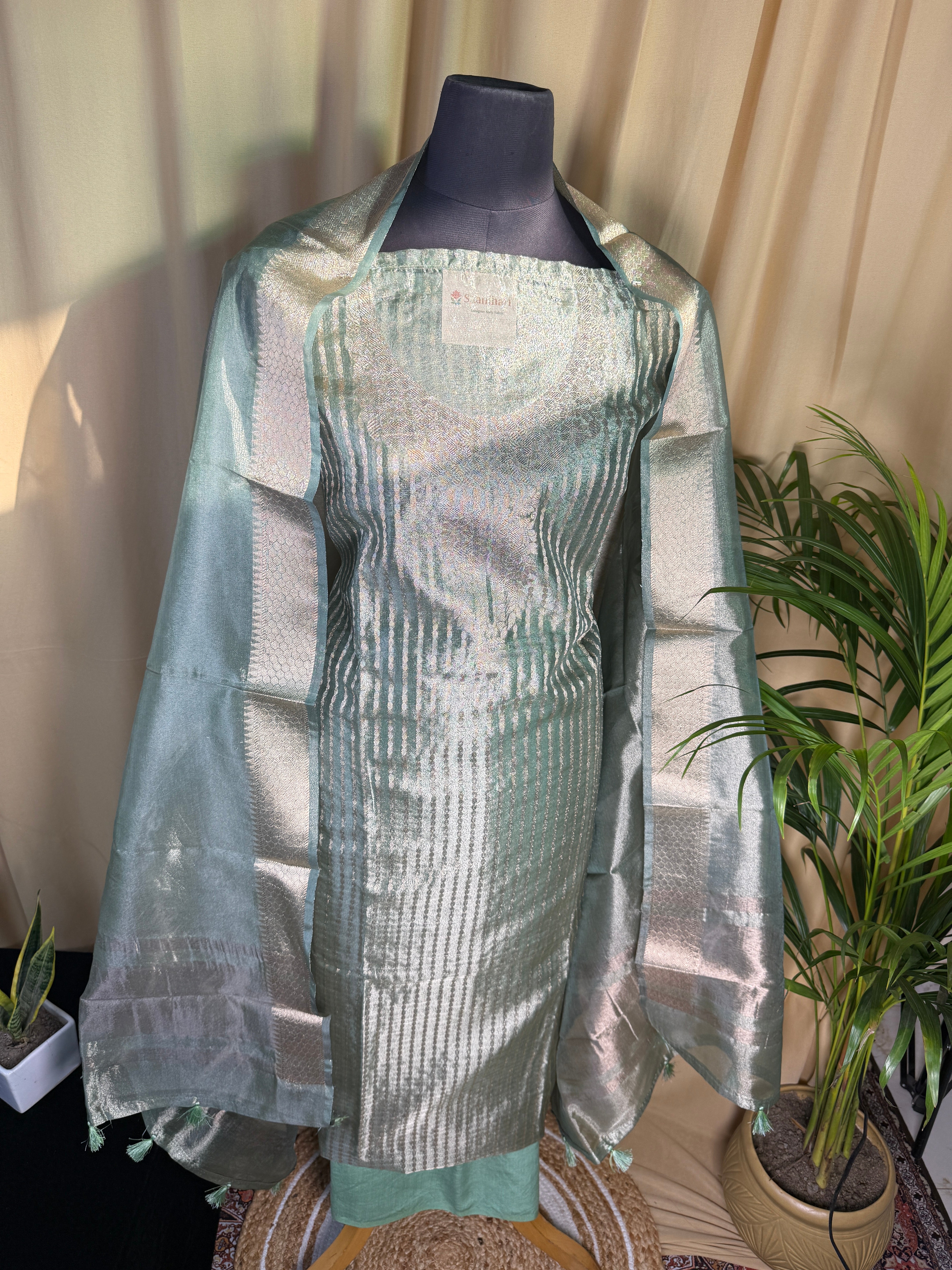 Mint Green Tissue Organza Suit with Soft Metallic Glow