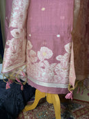 Dusty Rose Linen Cotton Suit with Floral Woven Dupatta – Light & Elegant Choice