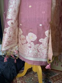 Dusty Rose Linen Cotton Suit with Floral Woven Dupatta – Light & Elegant Choice