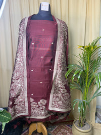 Maroon Linen Cotton Suit with Elegant Jamdani Floral Dupatta – Soft & Graceful Ethnic Set