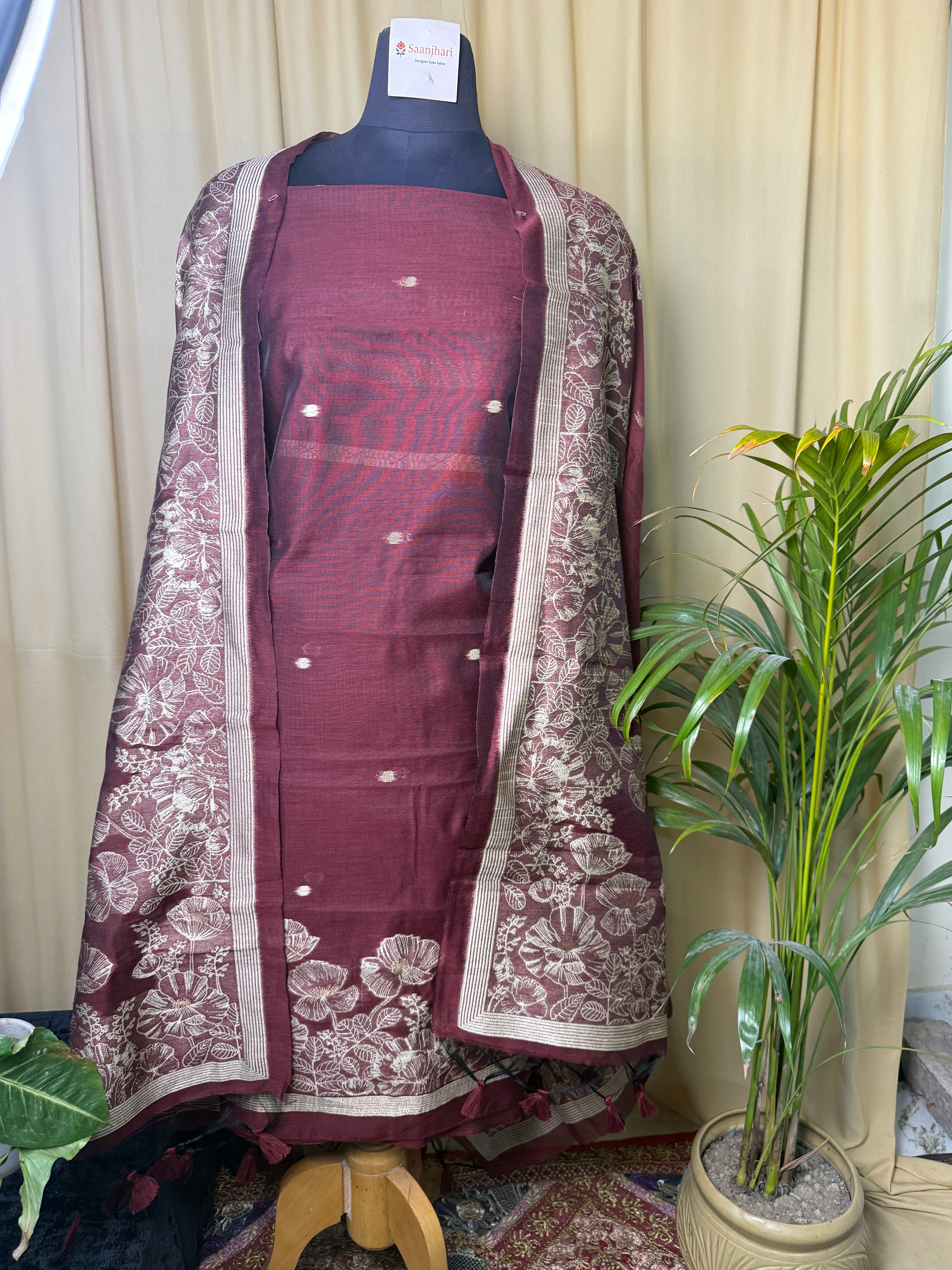 Maroon Linen Cotton Suit with Elegant Jamdani Floral Dupatta – Soft & Graceful Ethnic Set