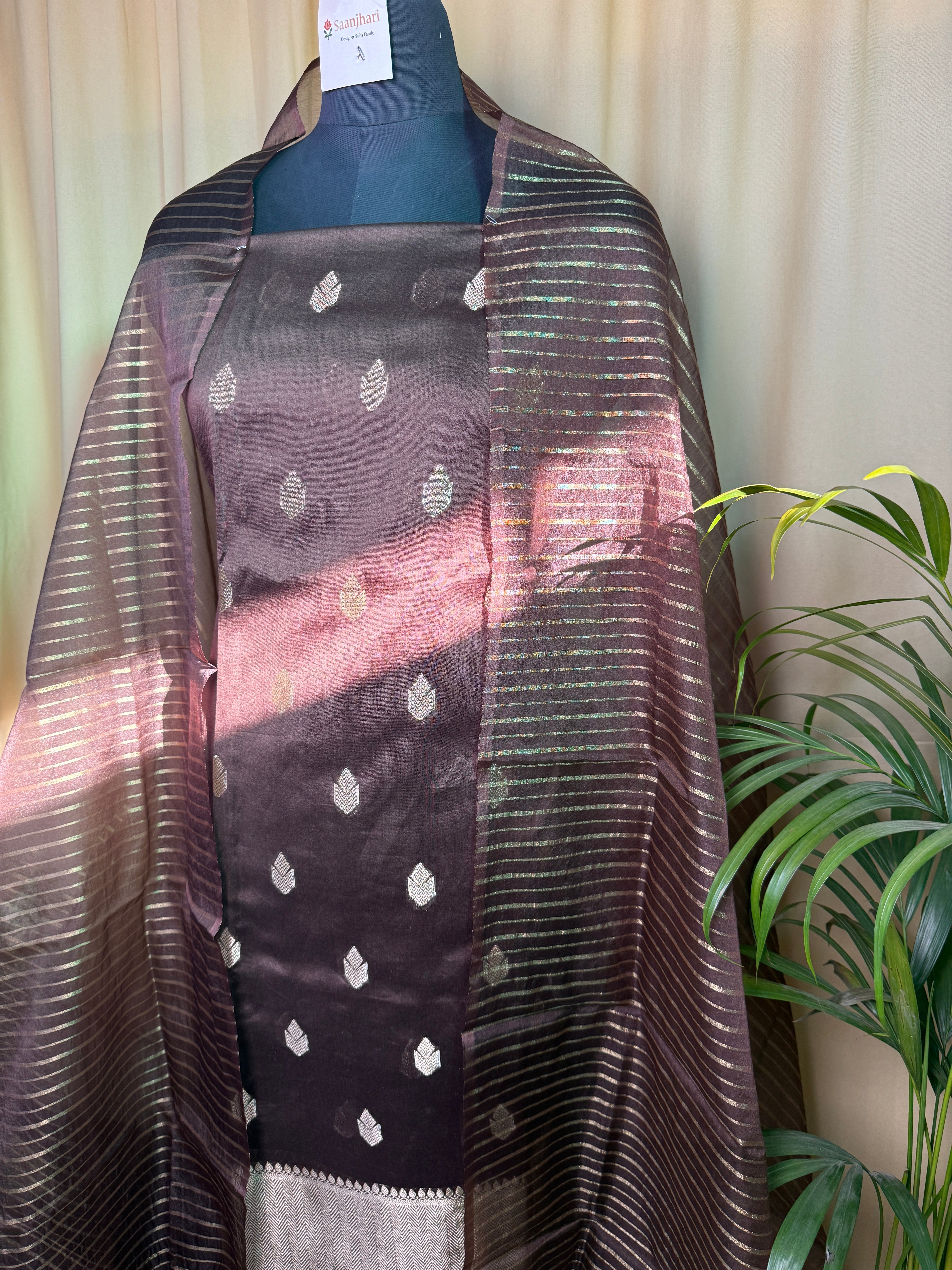 Elegant Brown Banarasi Silk Unstitched Suit with Soft Organza Dupatta