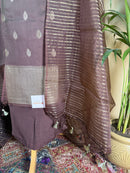 Elegant Brown Banarasi Silk Unstitched Suit with Soft Organza Dupatta