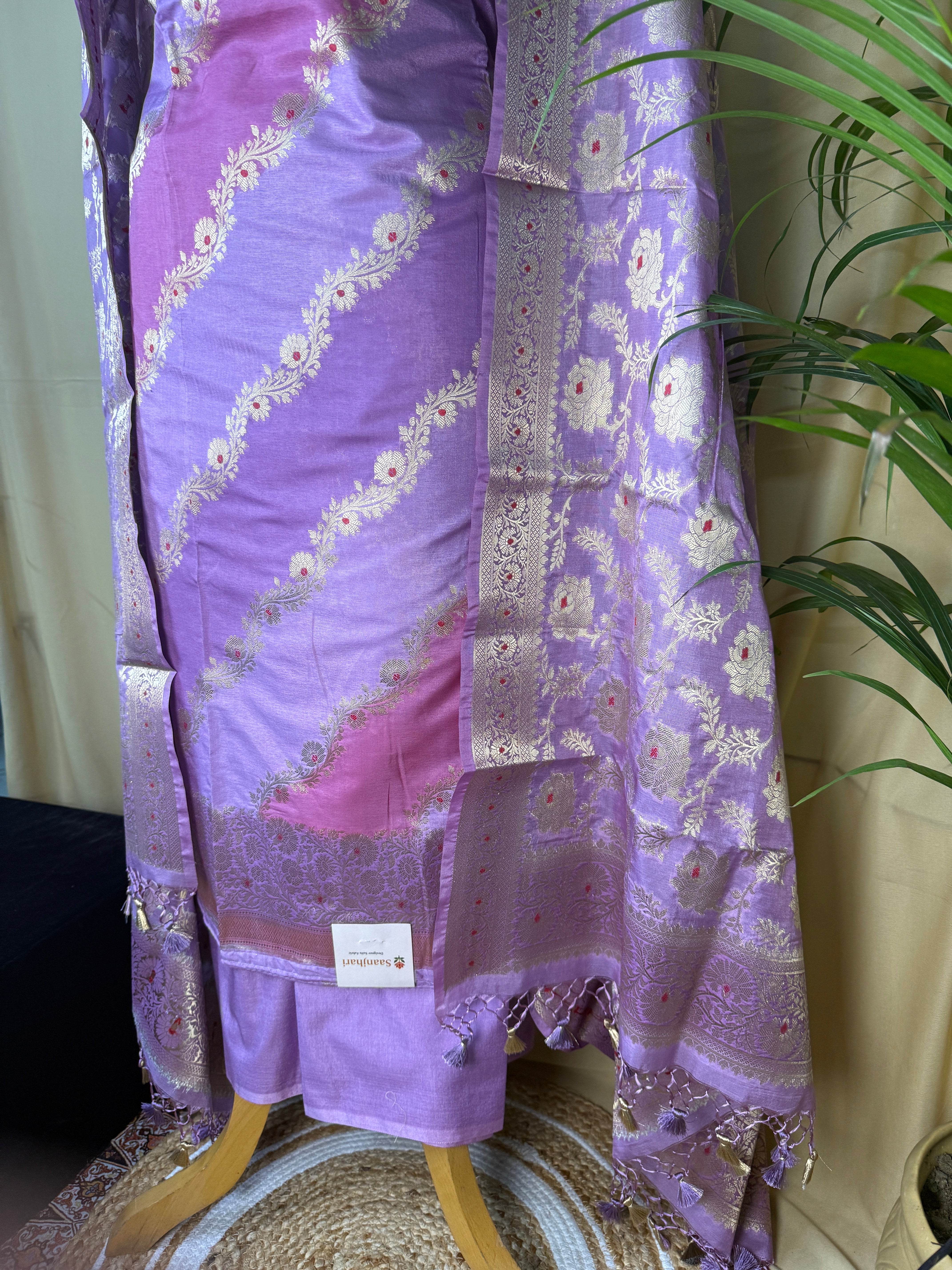 Lavender Banarasi Silk Suit with Fine Zari Floral Pattern and Matching Dupatta