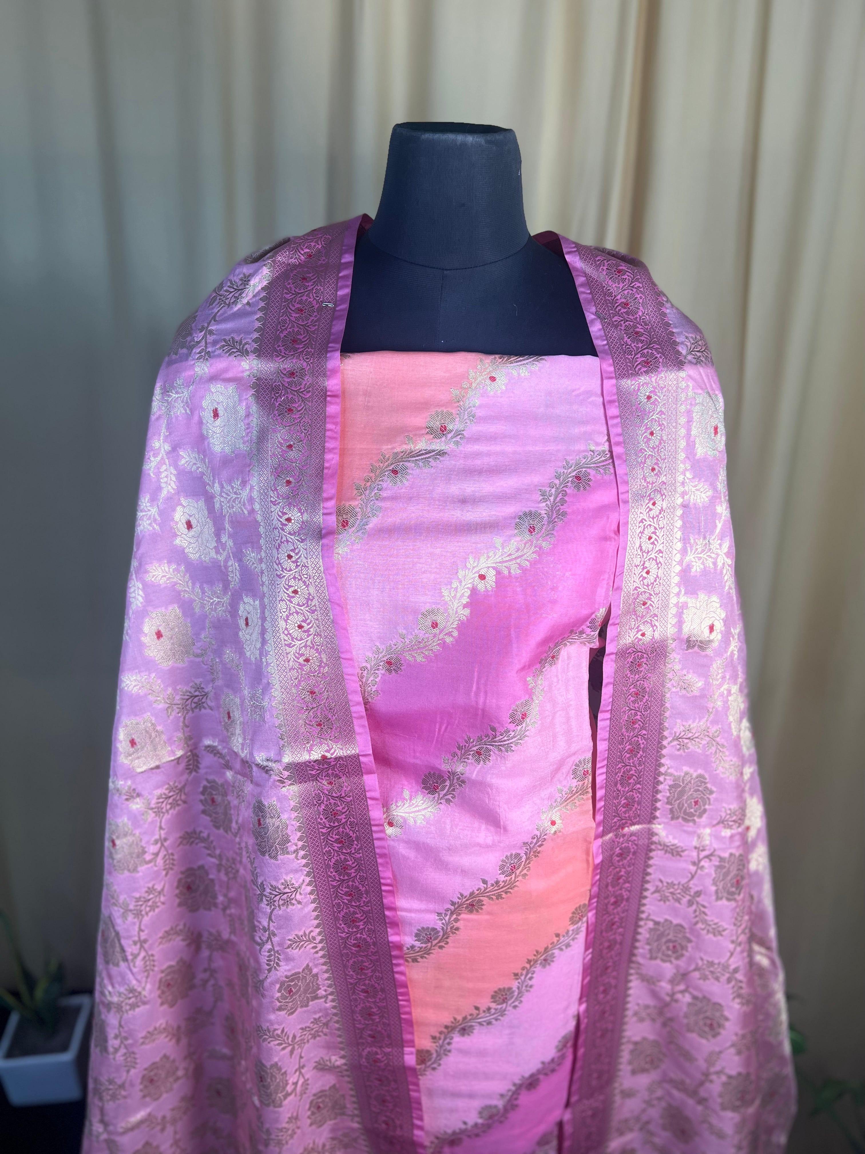 Soft Pink Banarasi Silk Suit With Zari Floral Dupatta