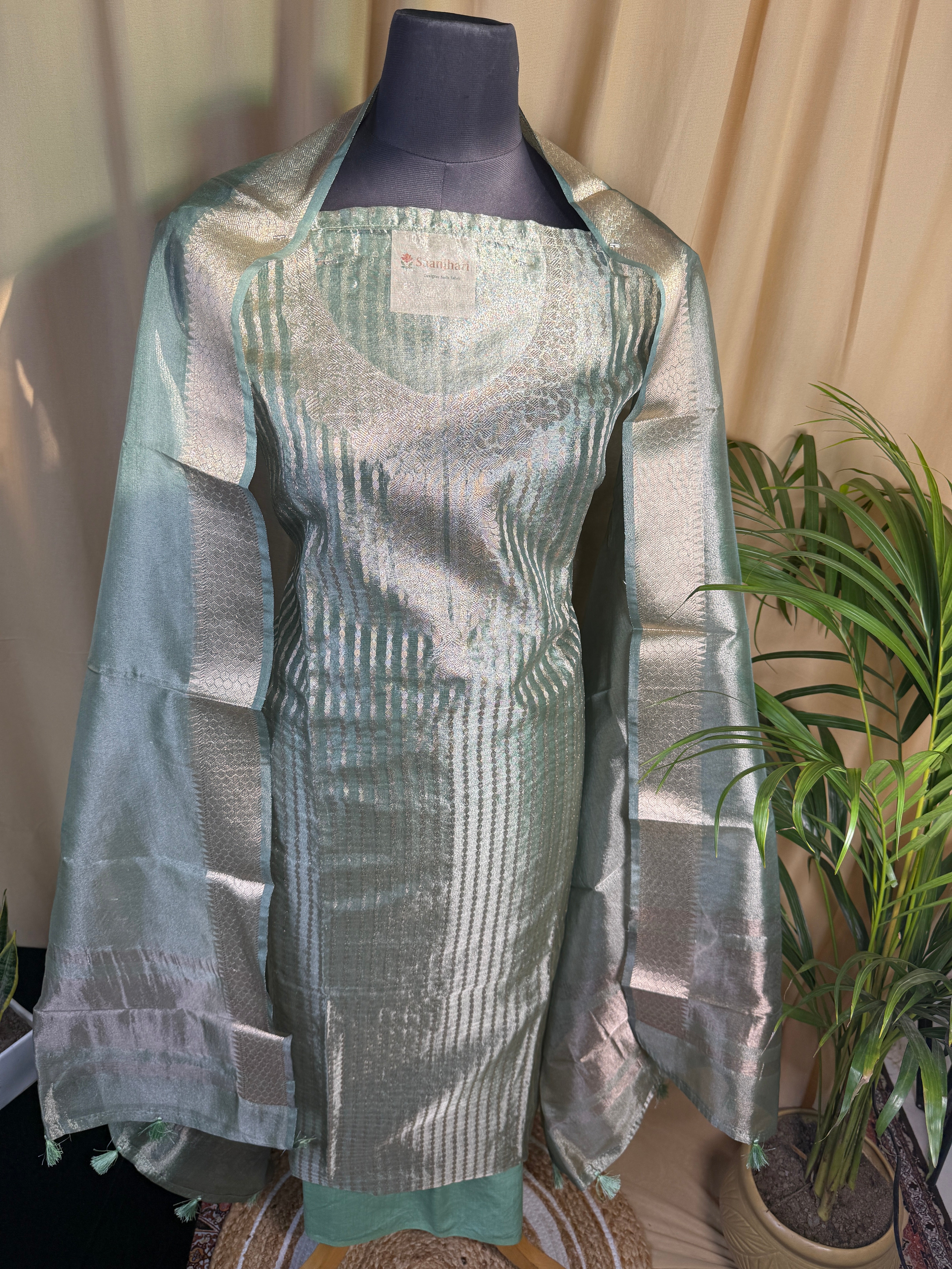Mint Green Tissue Organza Suit with Soft Metallic Glow