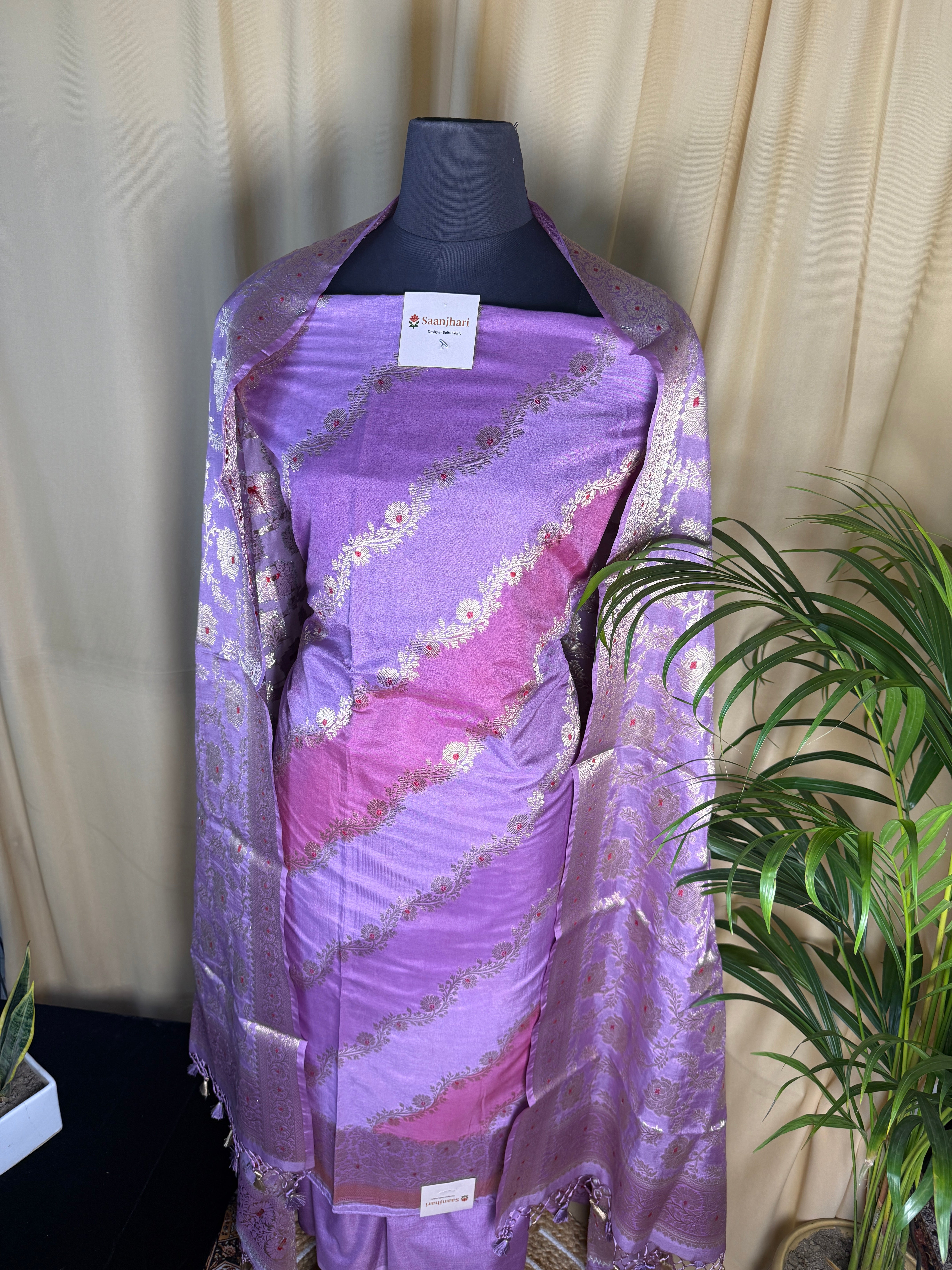 Lavender Banarasi Silk Suit with Fine Zari Floral Pattern and Matching Dupatta