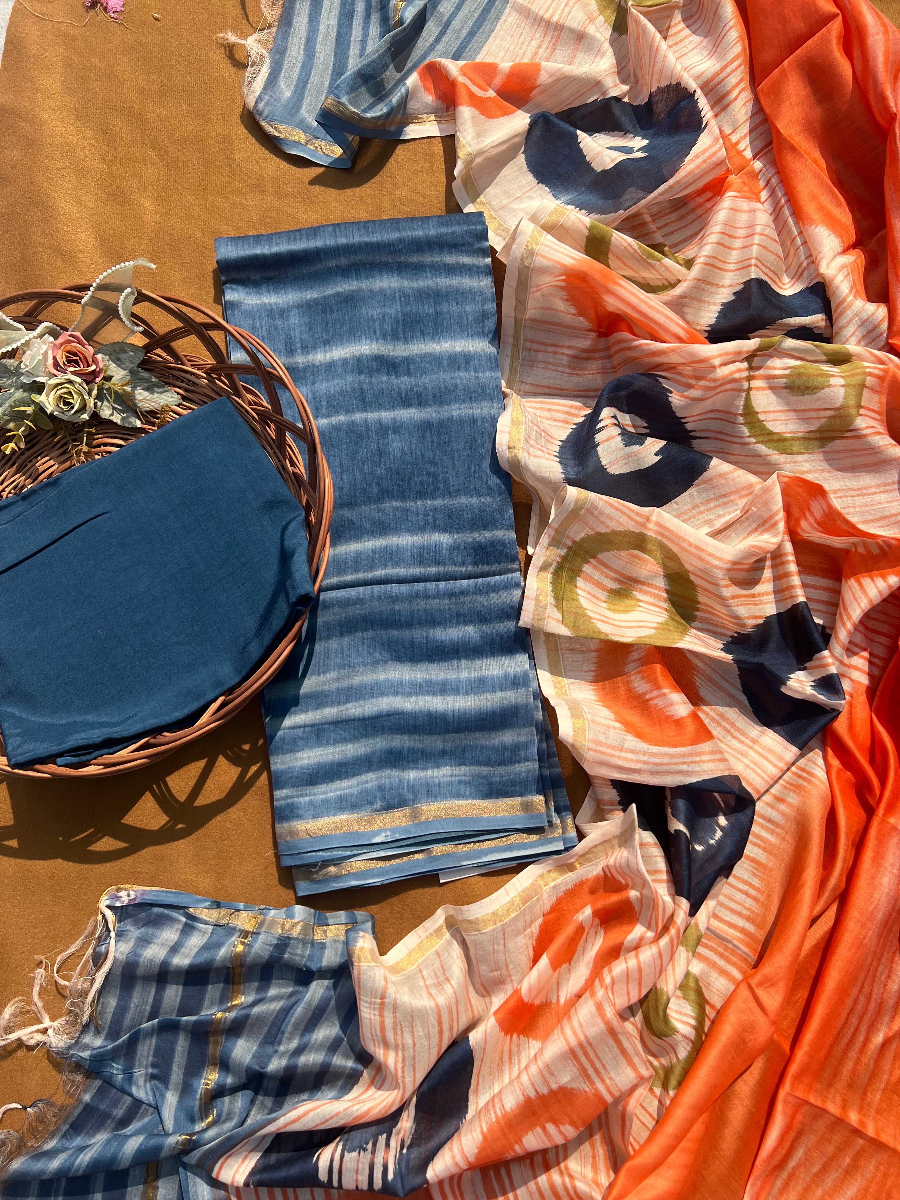 Chanderi Silk Unstitched Suit Set – Blue & Orange 3-Piece Ensemble with Abstract Printed Dupatta